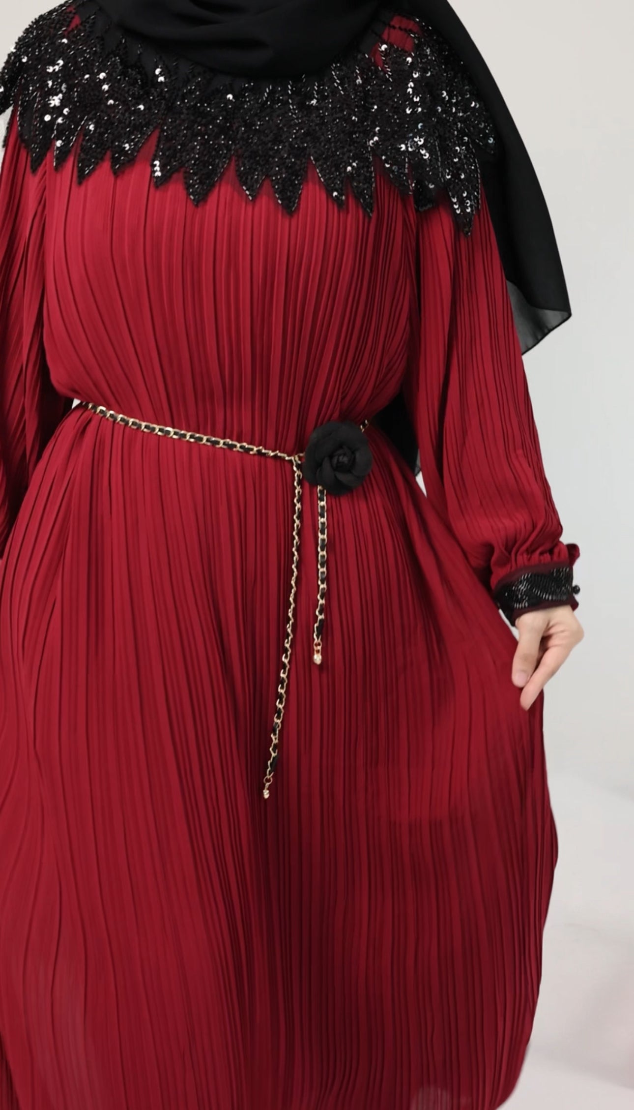 Maroon pleated dress with black beads