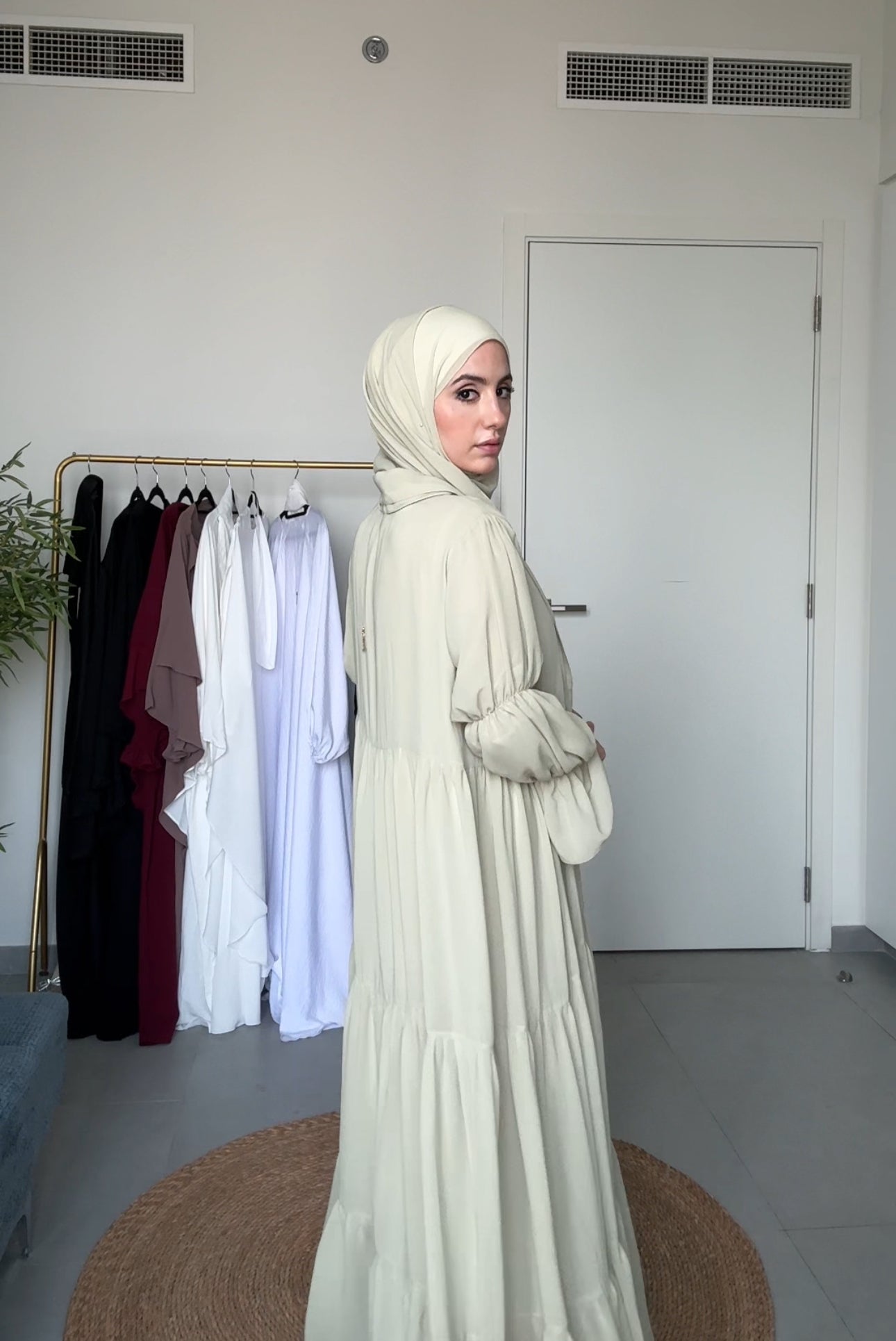 Two Piece Pista Green Pleated Chiffon Abayah