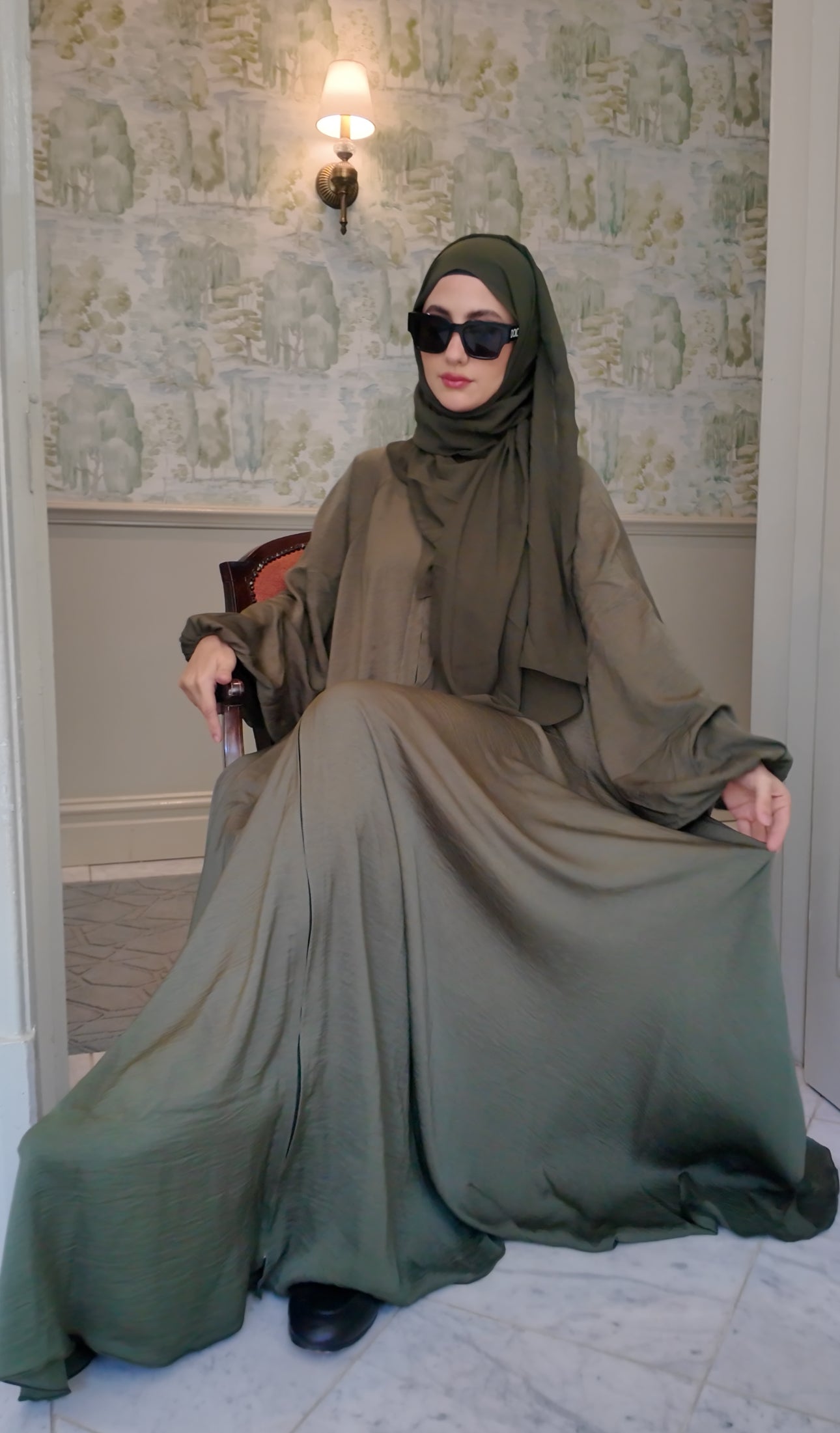 Army green flow abayah with attached hijab
