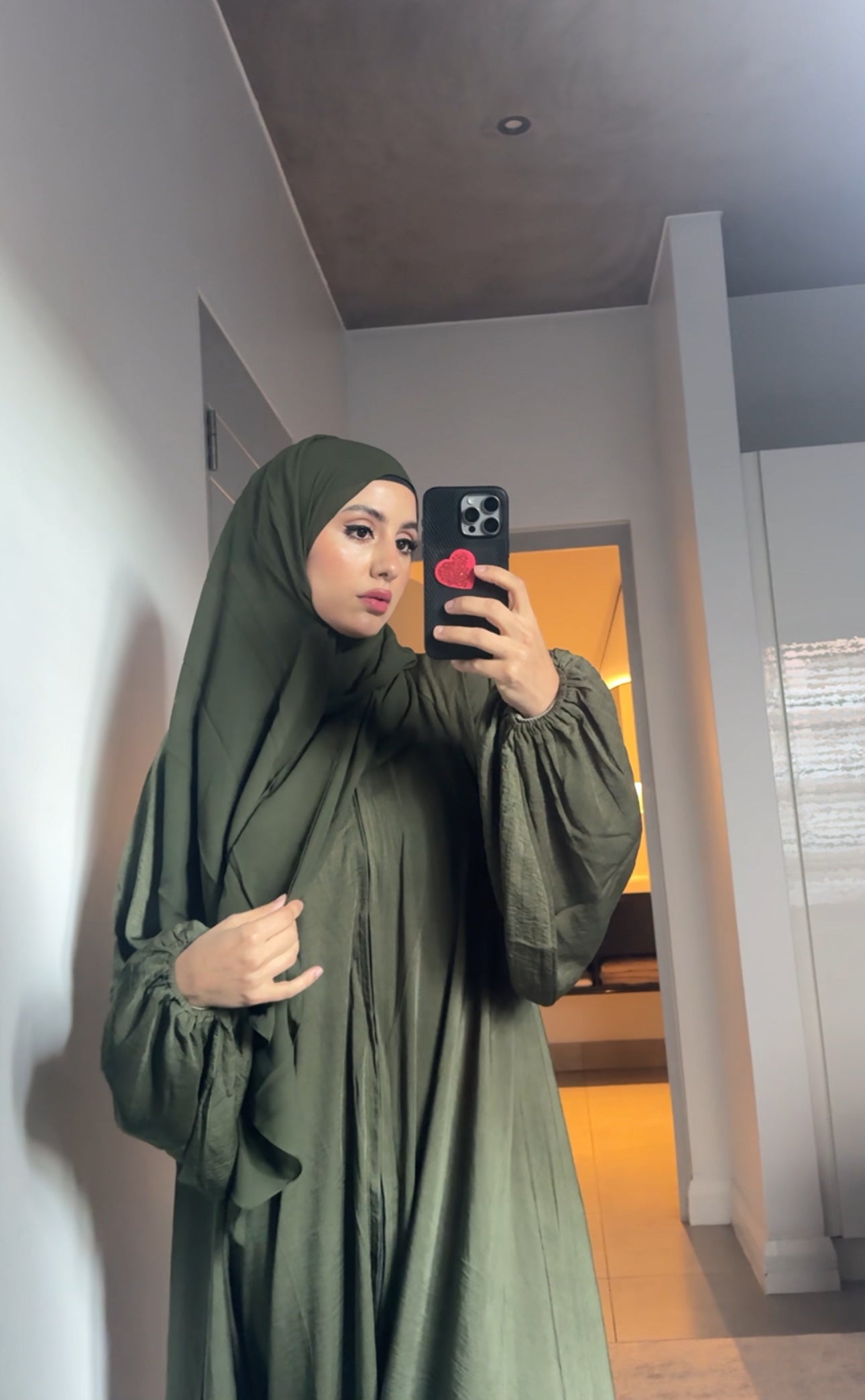 Army green flow abayah with attached hijab