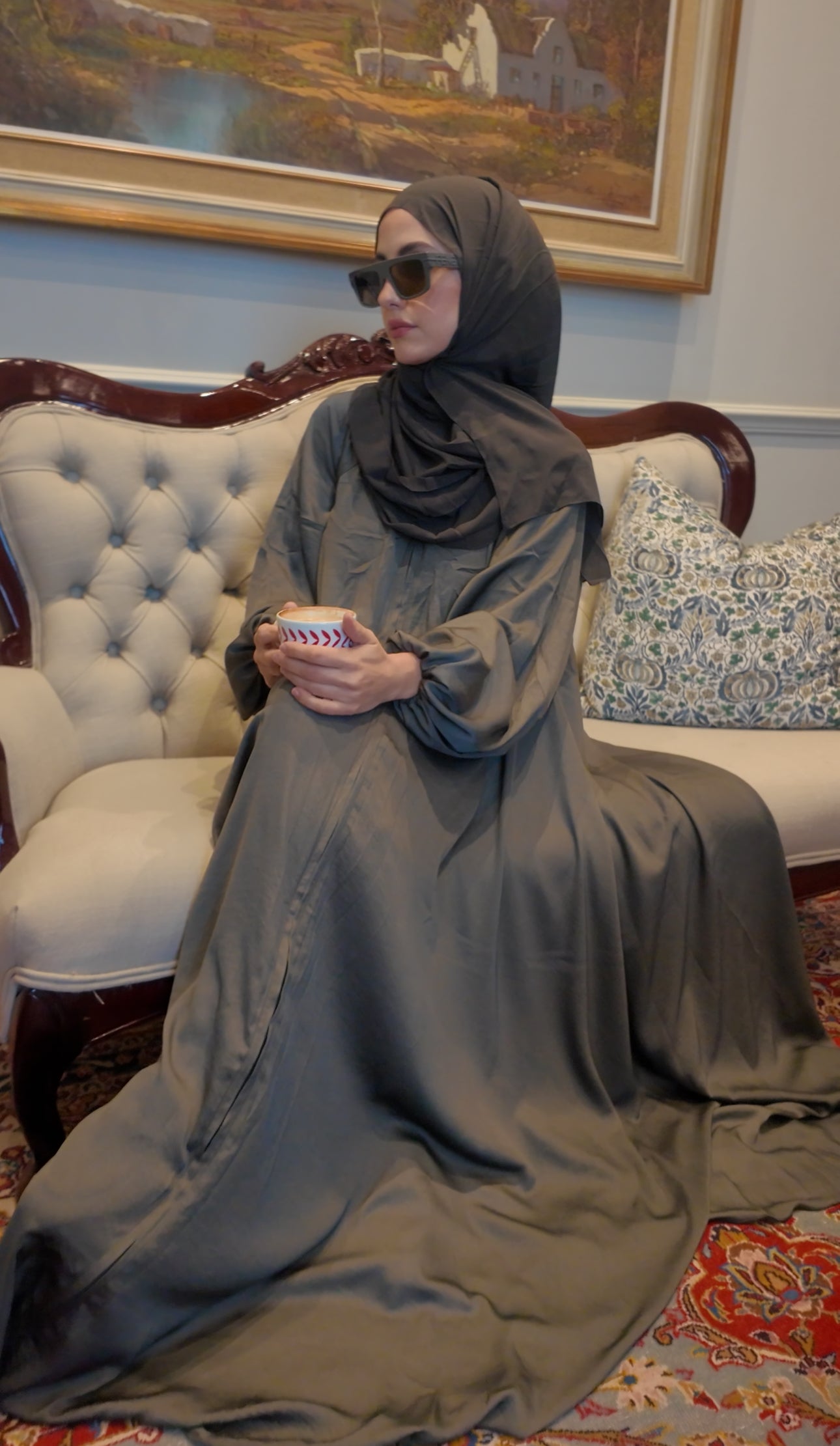 Army green flow abayah with attached hijab