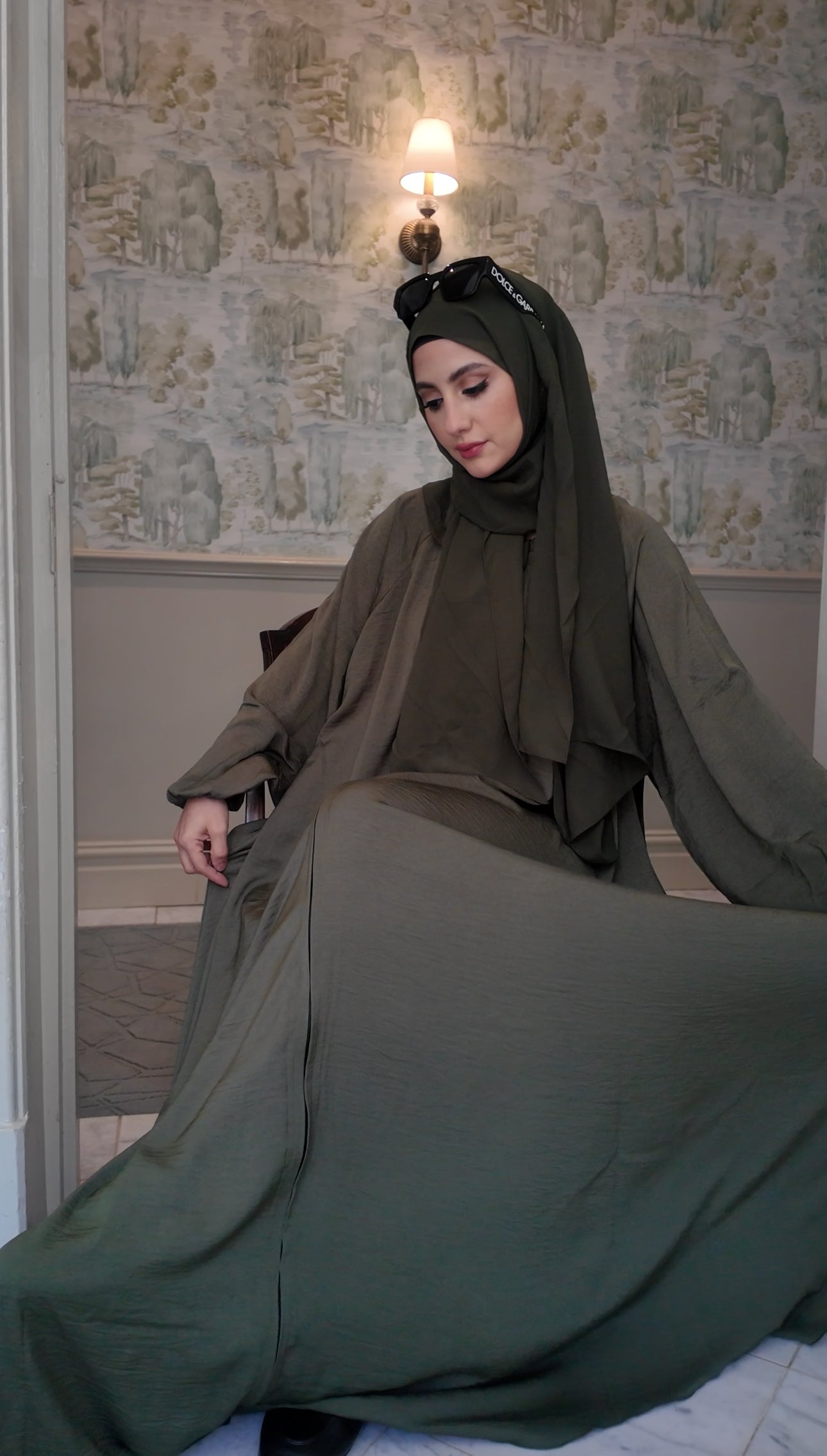 Army green flow abayah with attached hijab