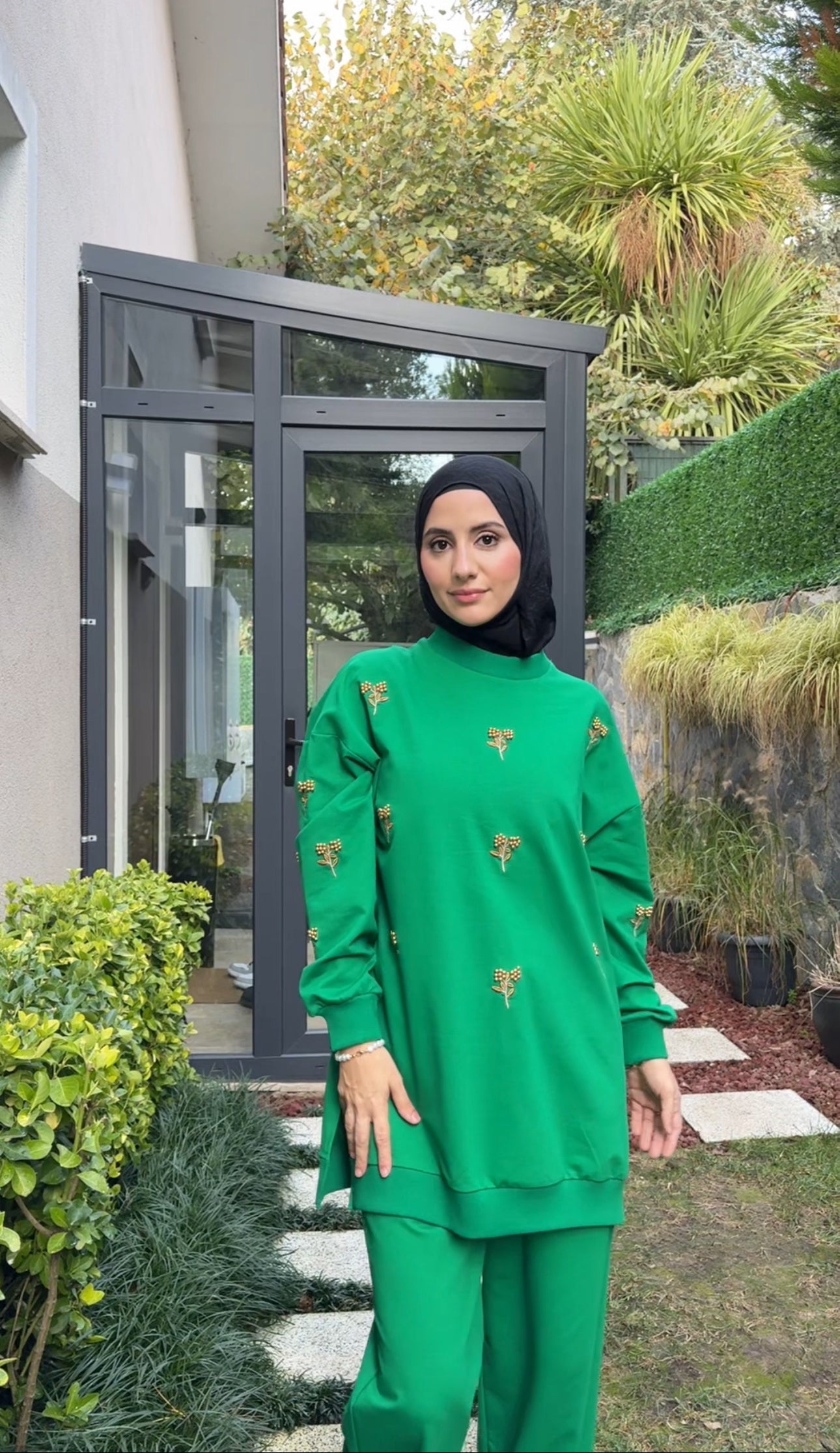 Dark Green tracksuit set with golden beadwork