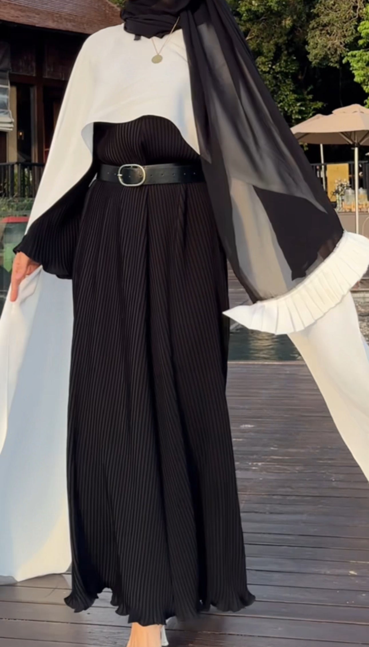 Black pleat Abayah with white shoulders