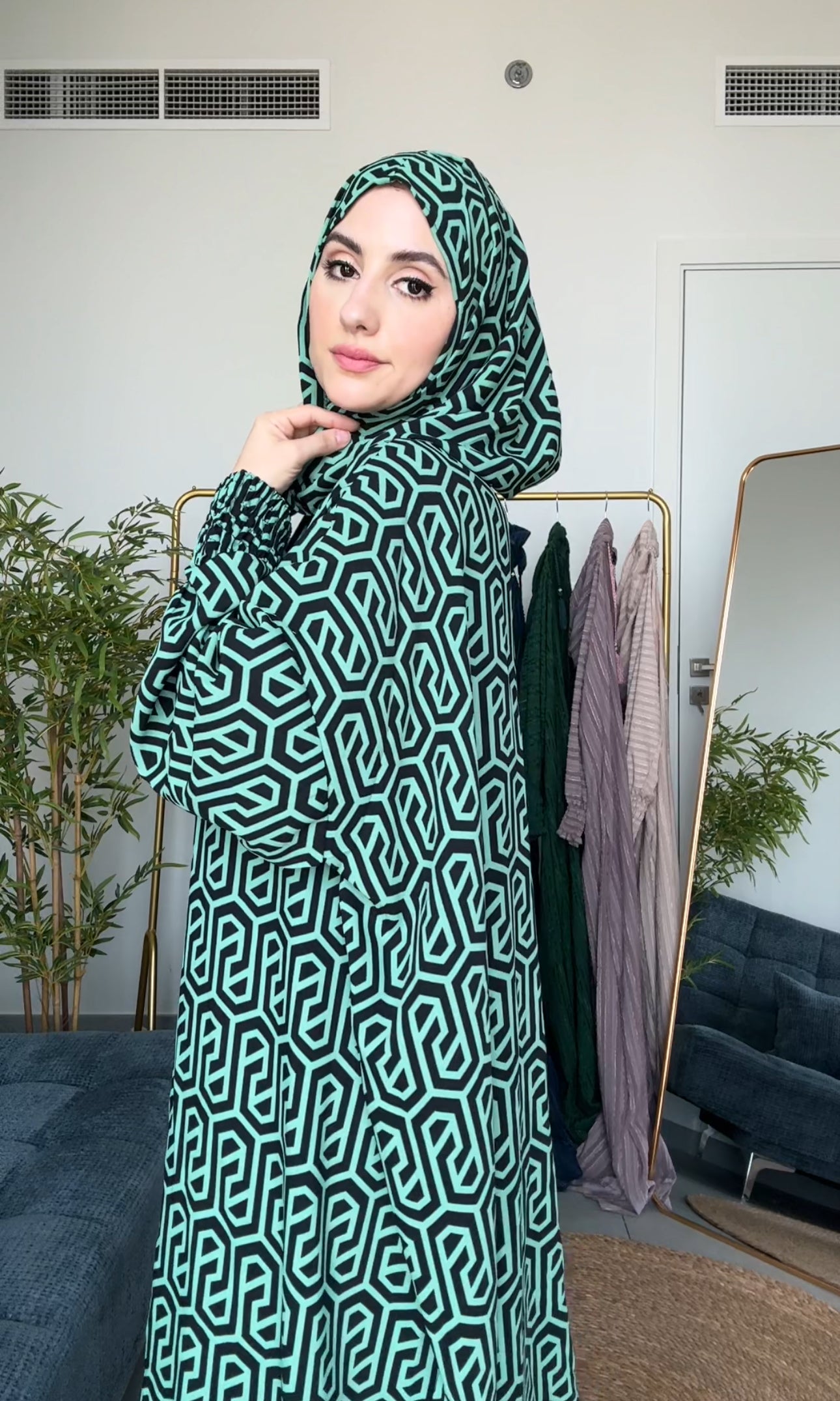 Green with black geometric lines burqa