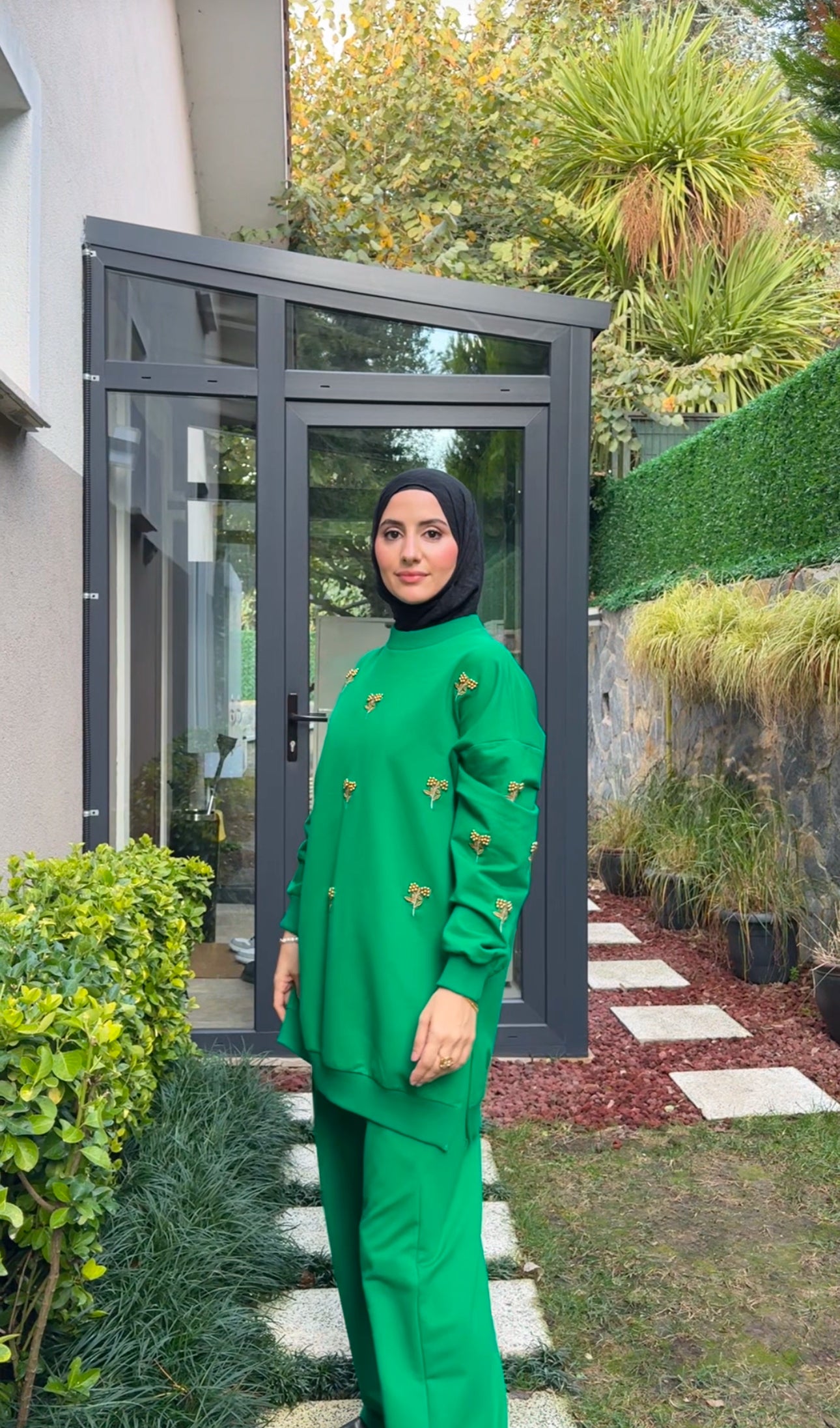 Dark Green tracksuit set with golden beadwork