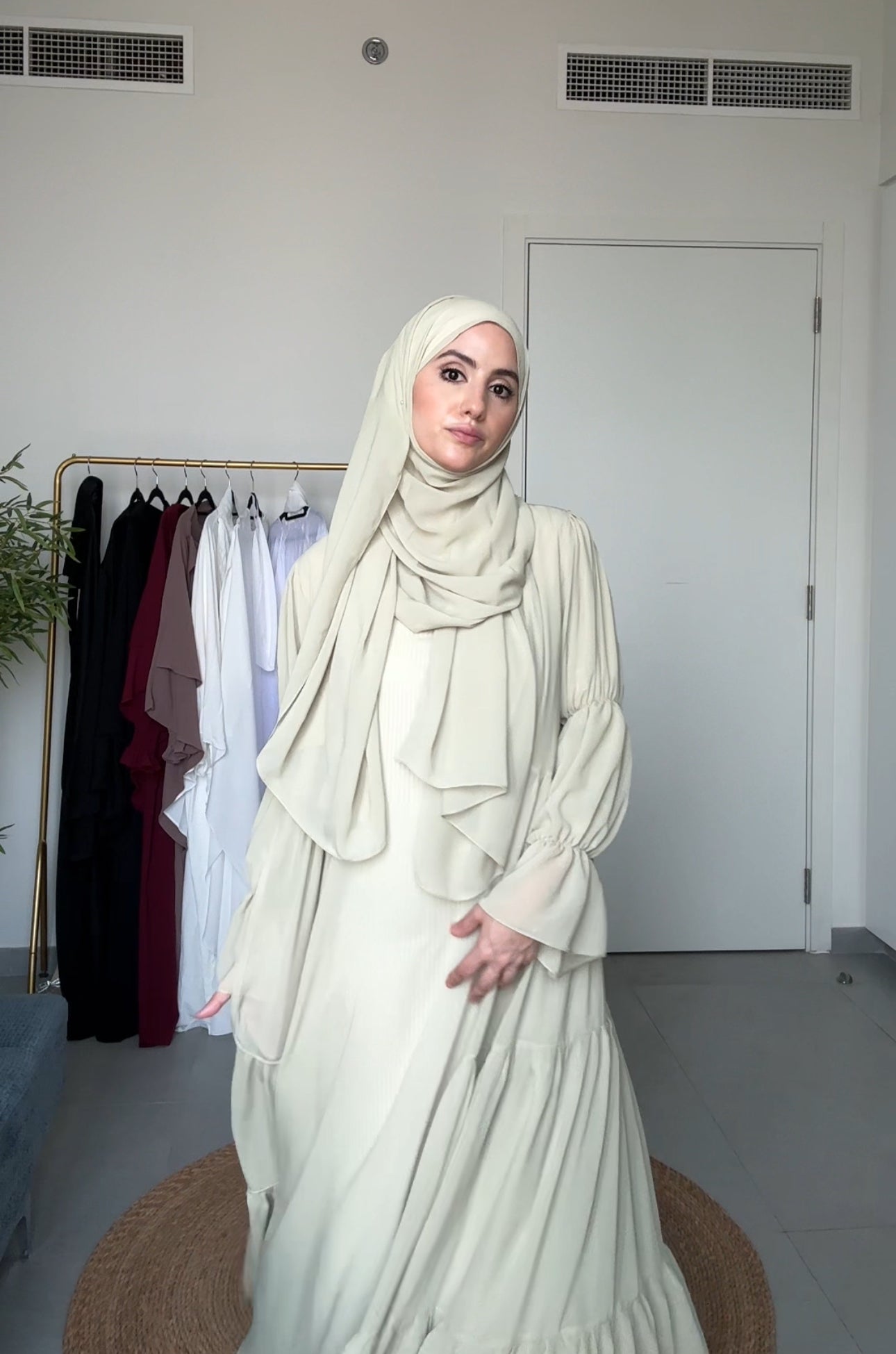 Two Piece Pista Green Pleated Chiffon Abayah