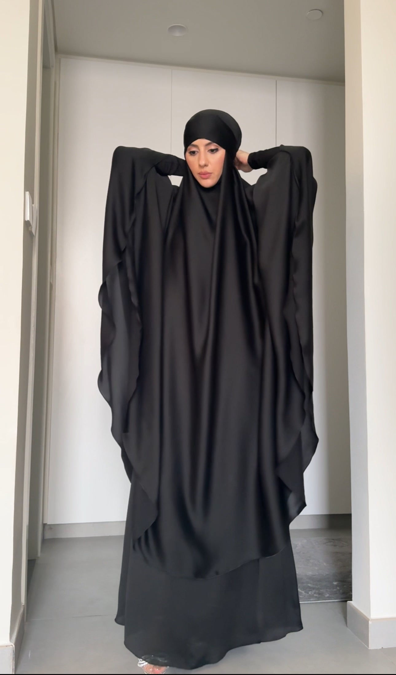 Two Piece Black Khimar, with long scarf and short sleeve inner