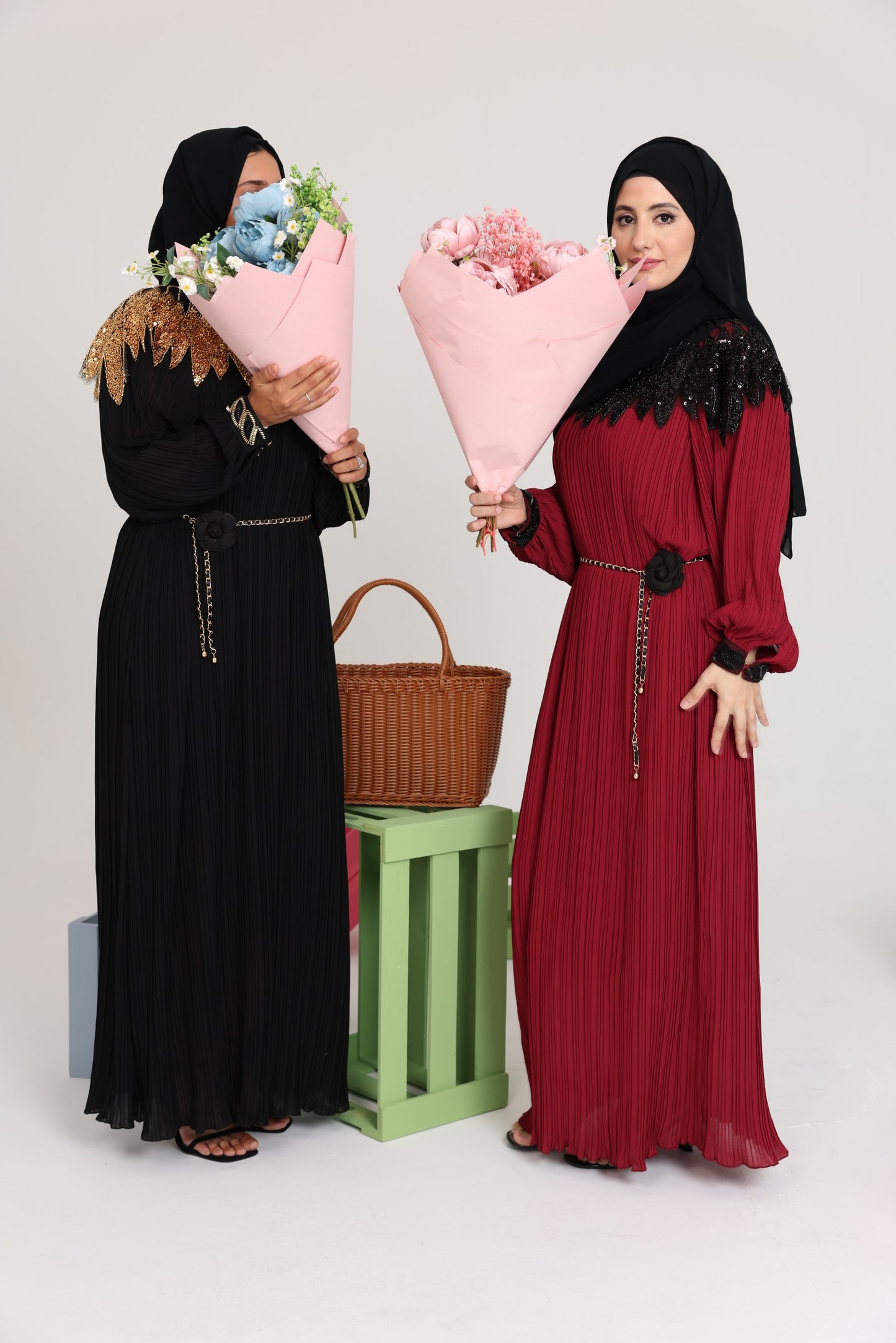 Black pleated dress with gold beads