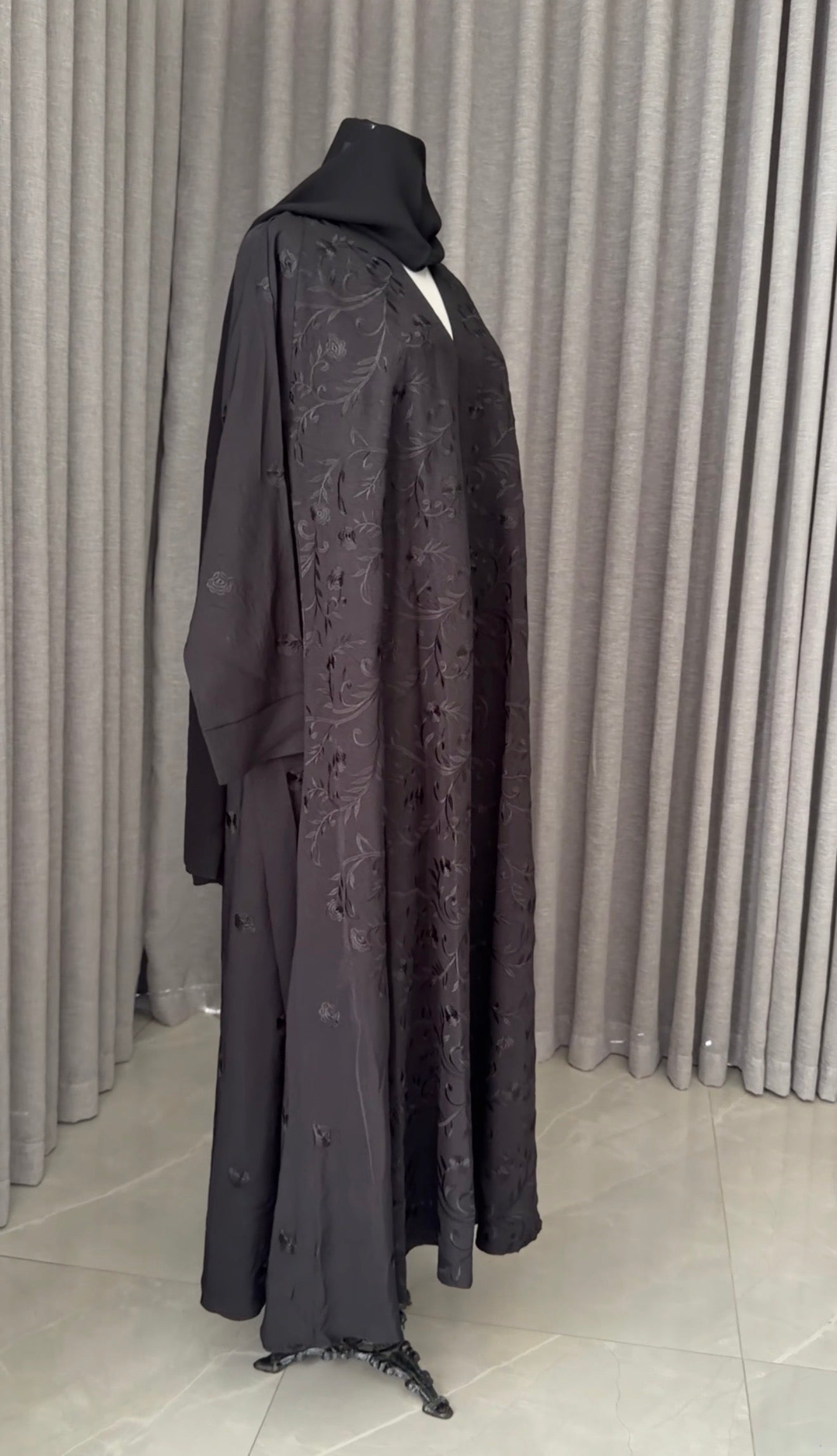 Black abayah with black beadwork detail