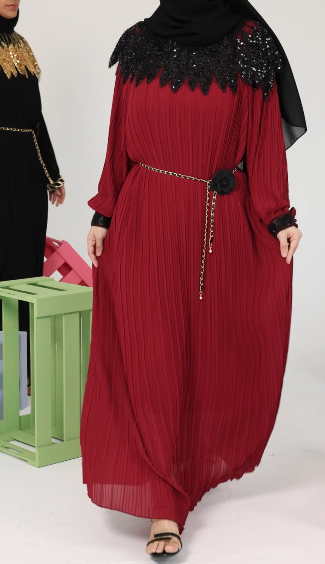 Maroon pleated dress with black beads