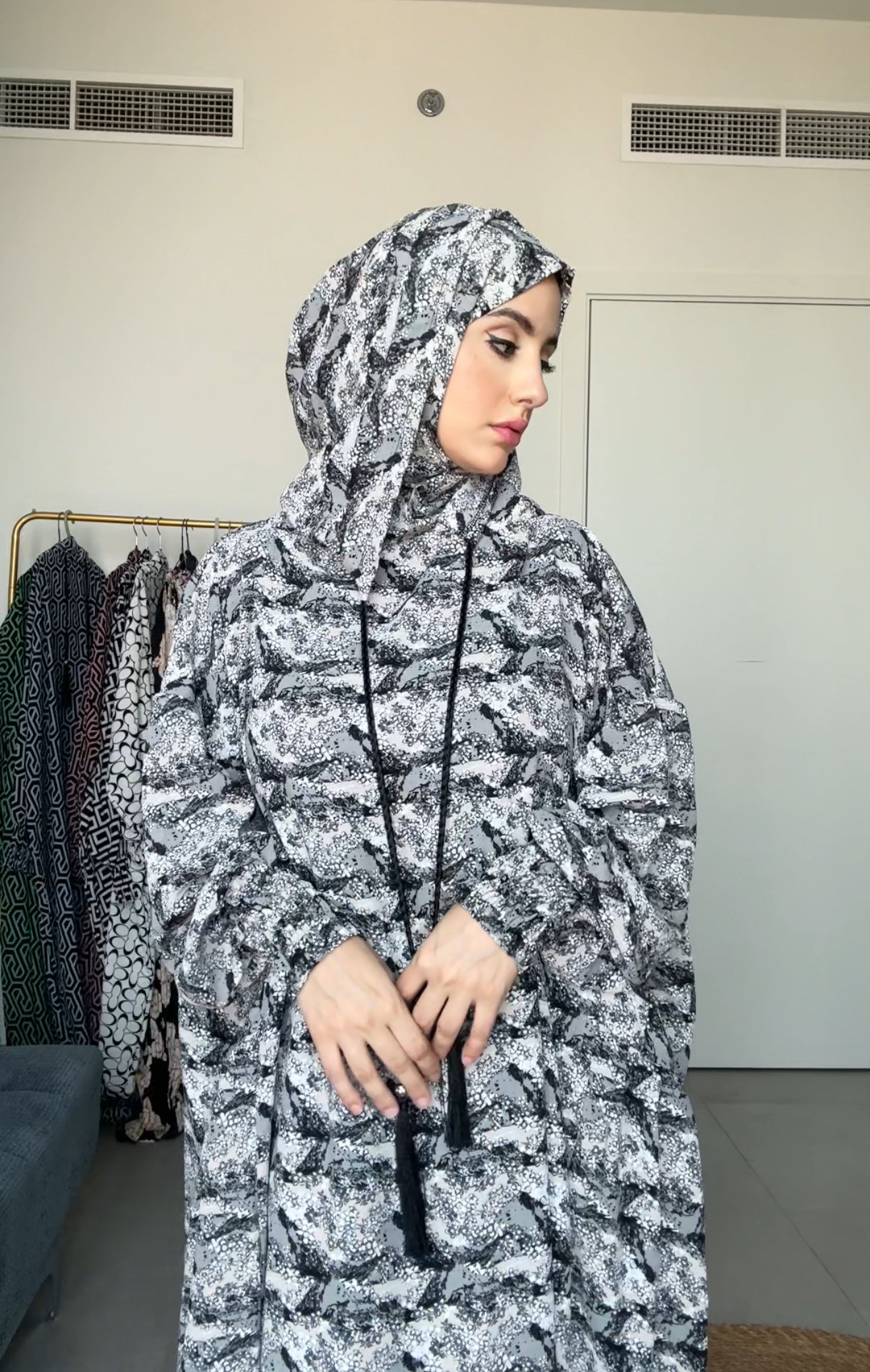 Black and white burqa with pockets