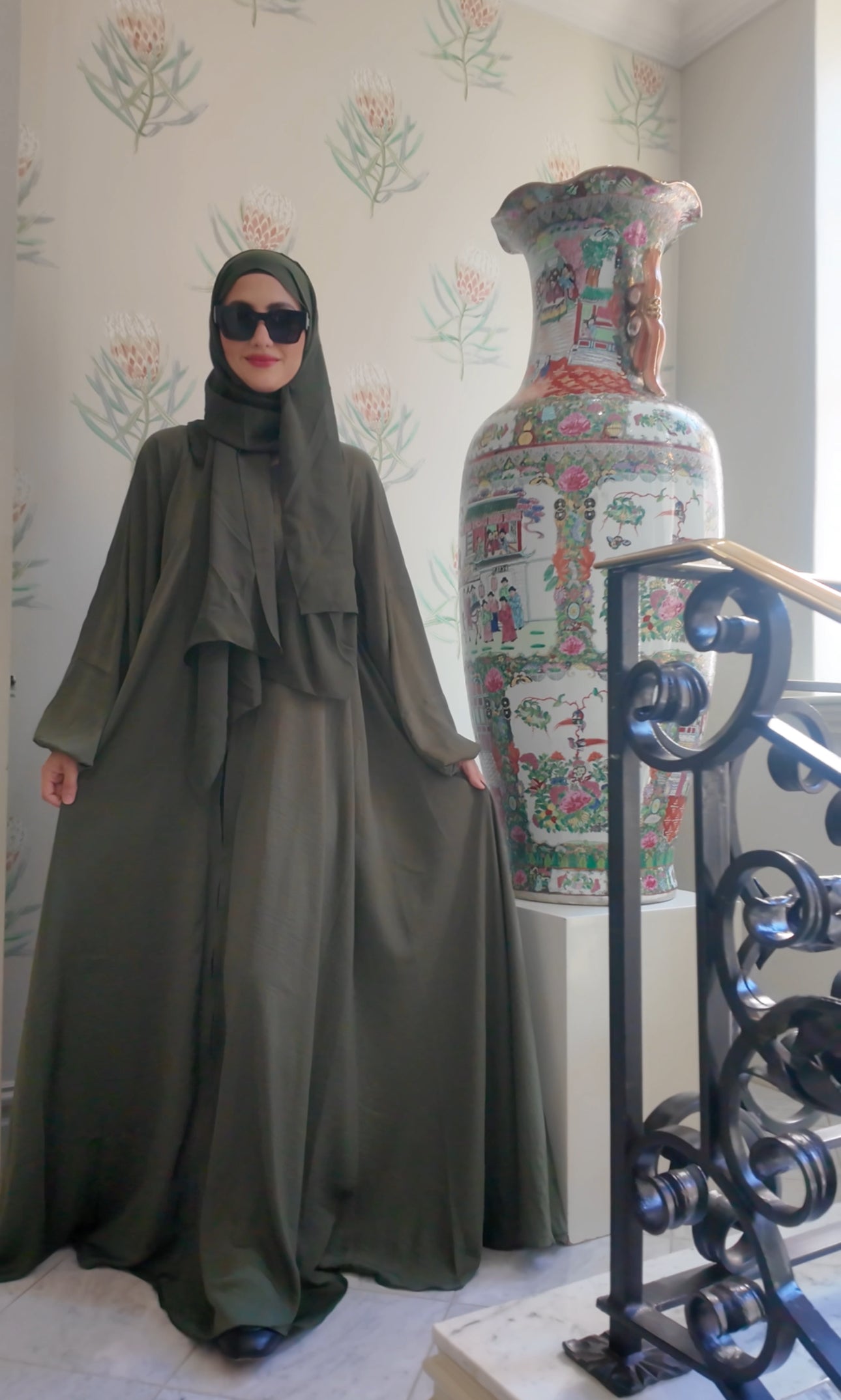 Army green flow abayah with attached hijab