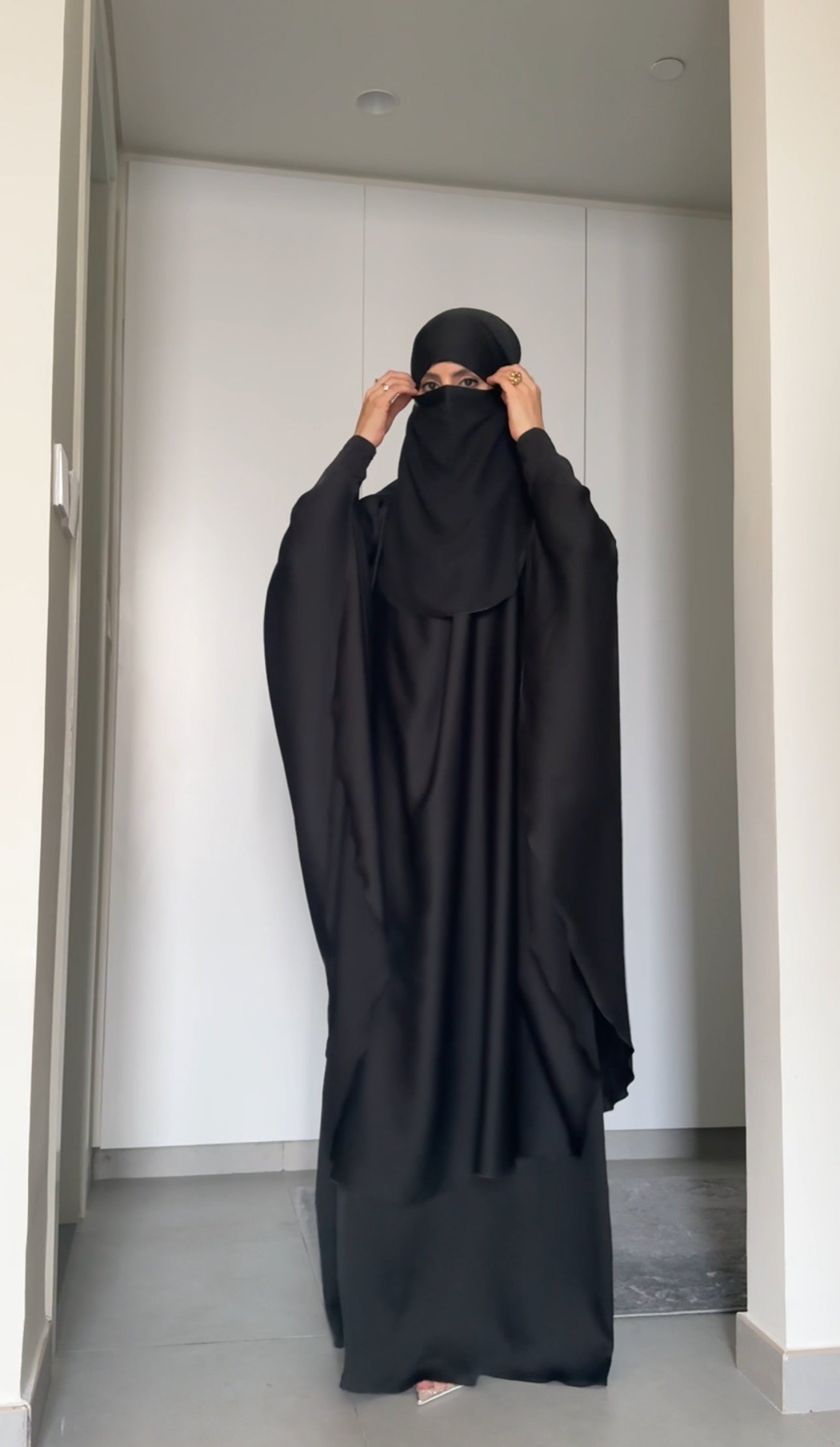 Two Piece Black Khimar, with long scarf and short sleeve inner