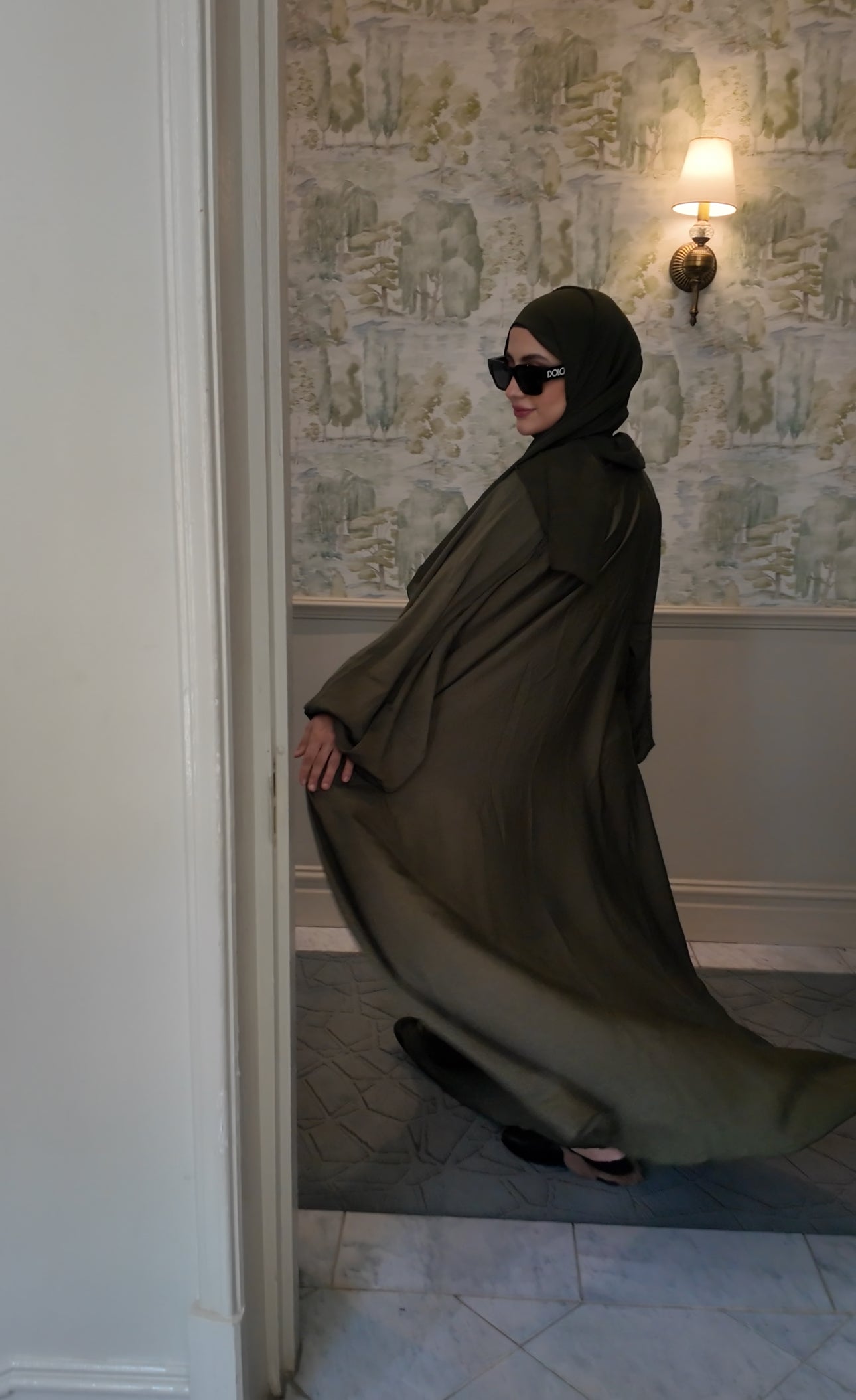 Army green flow abayah with attached hijab