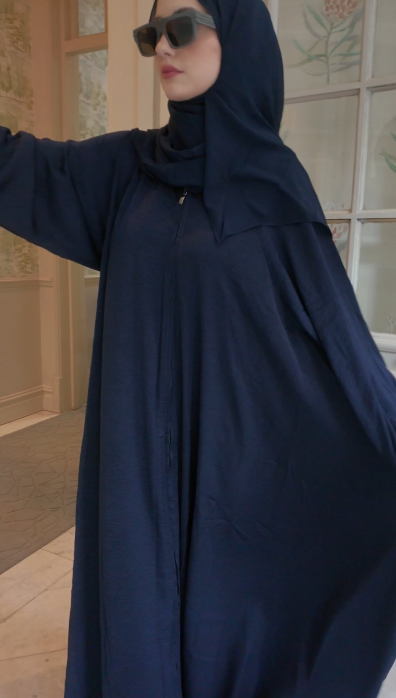 Dark Navy flow Abayah with attached hijab