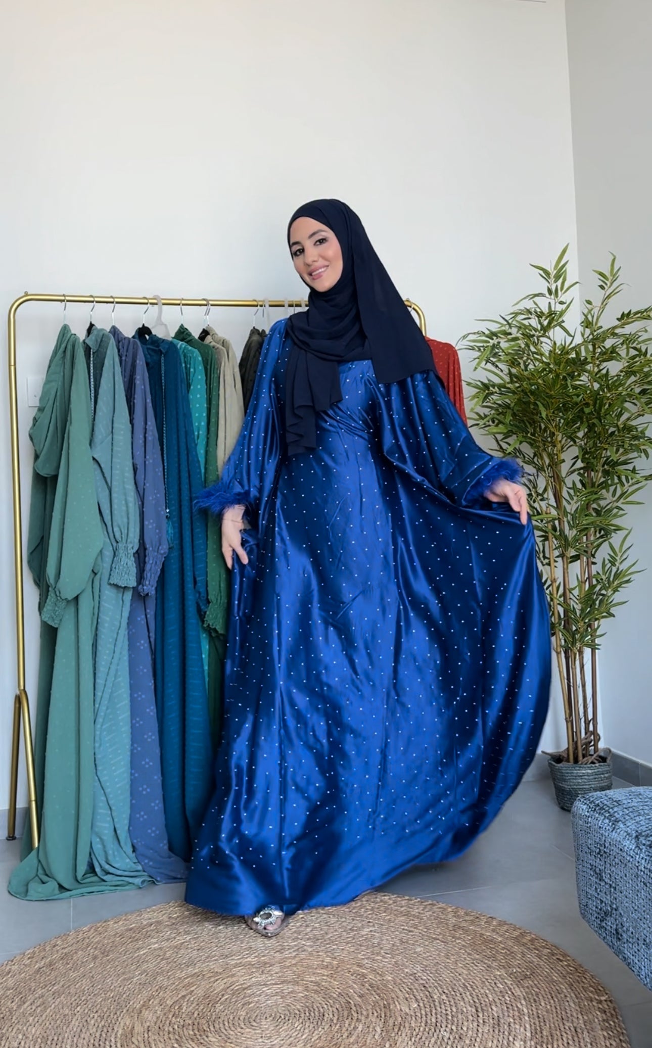 Navy beaded dress with furr on sleeves