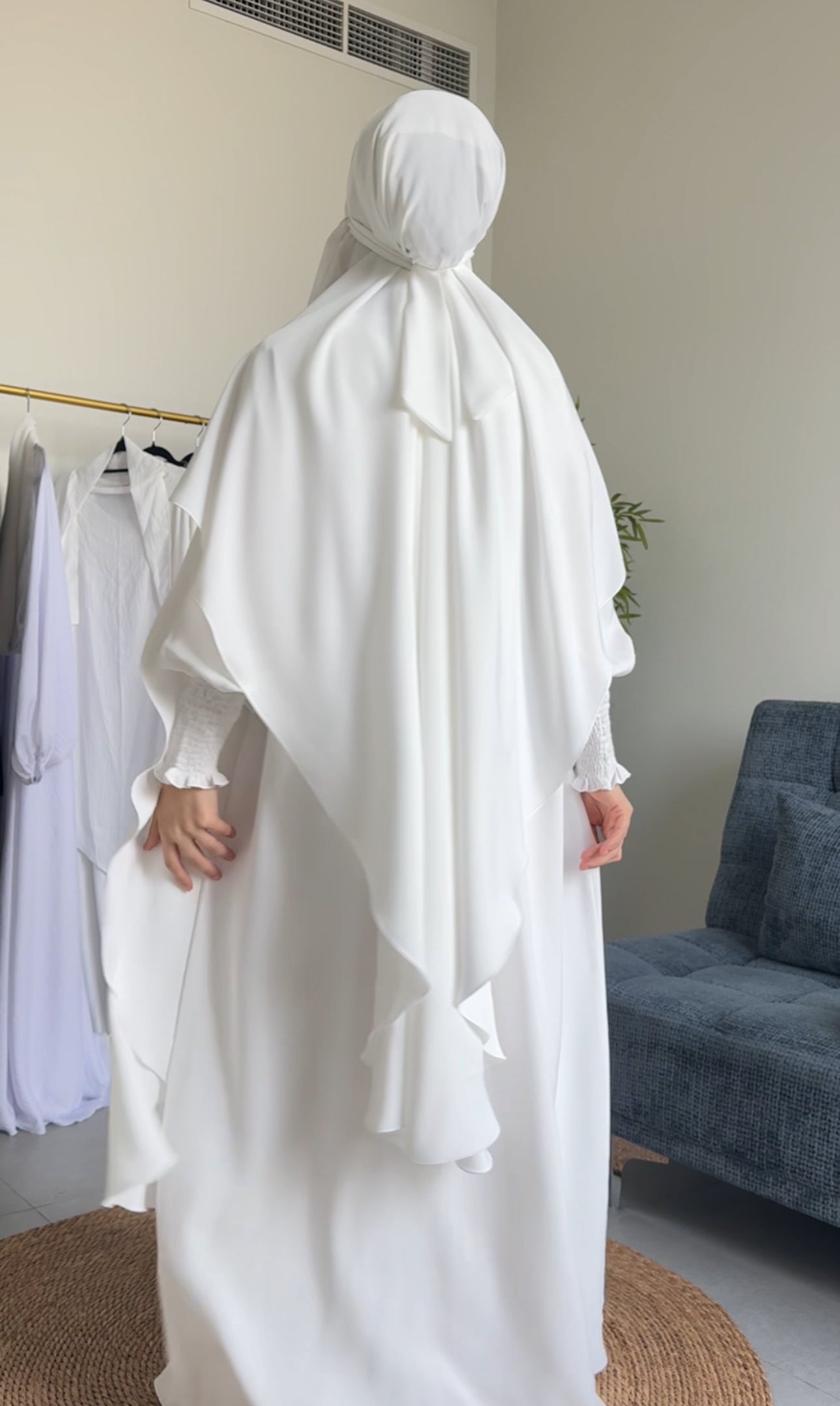 Two Piece White Khimar, with long scarf and long sleeve inner