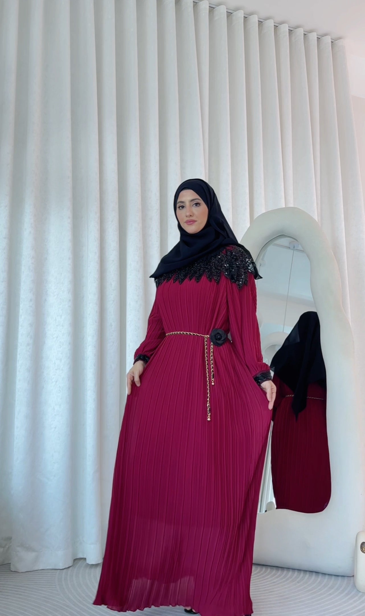 Maroon pleated dress with black beads