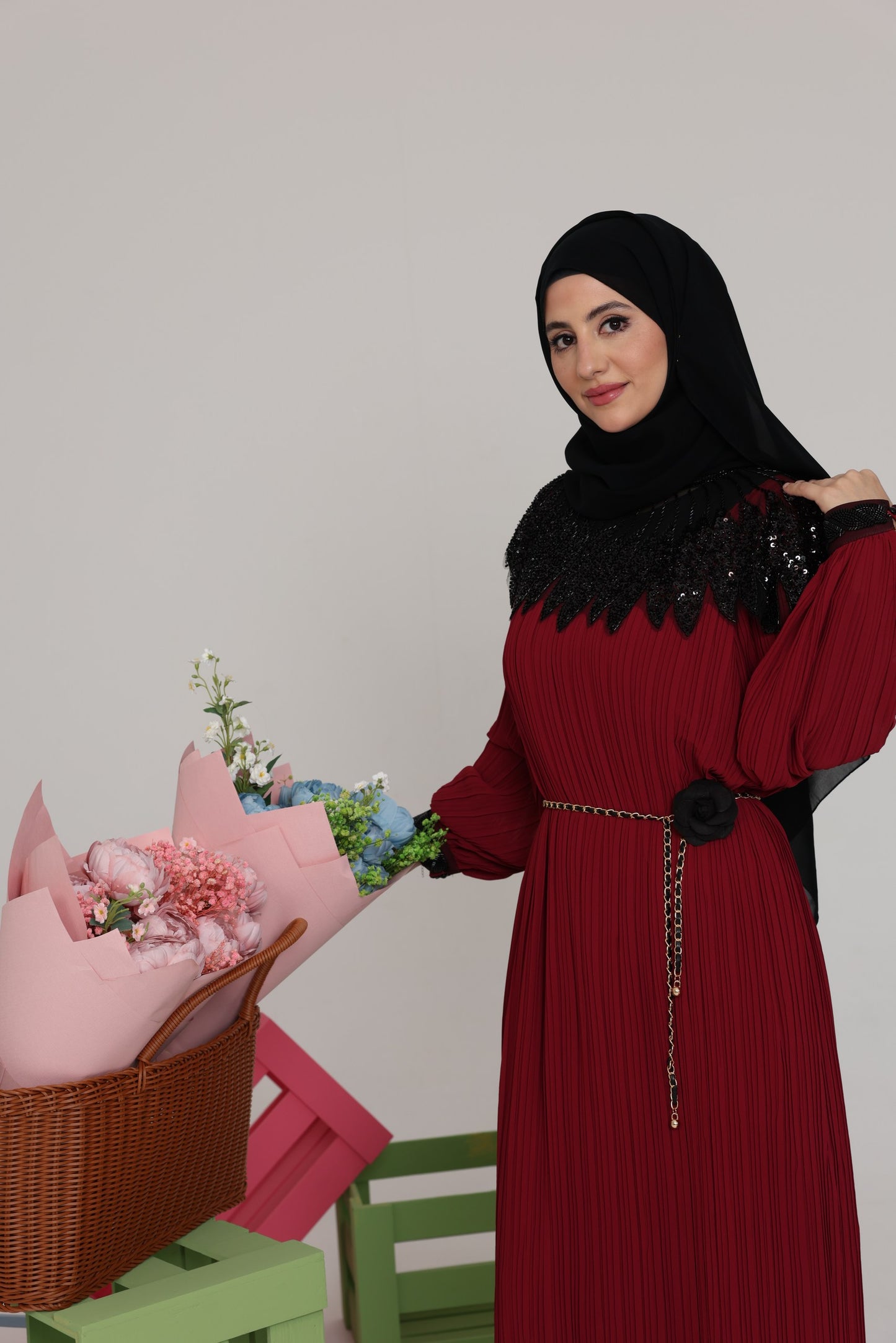 Maroon pleated dress with black beads