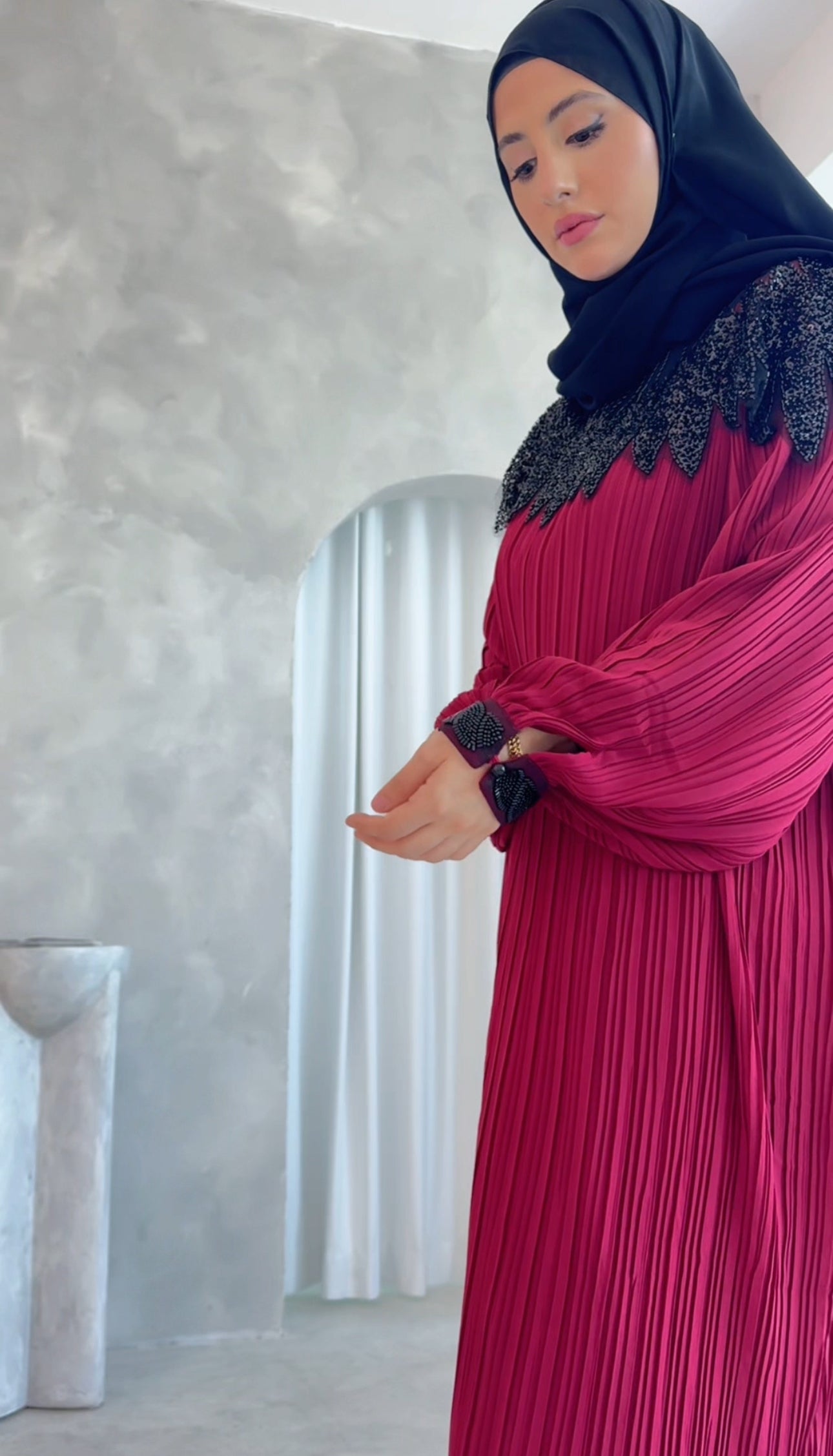 Maroon pleated dress with black beads