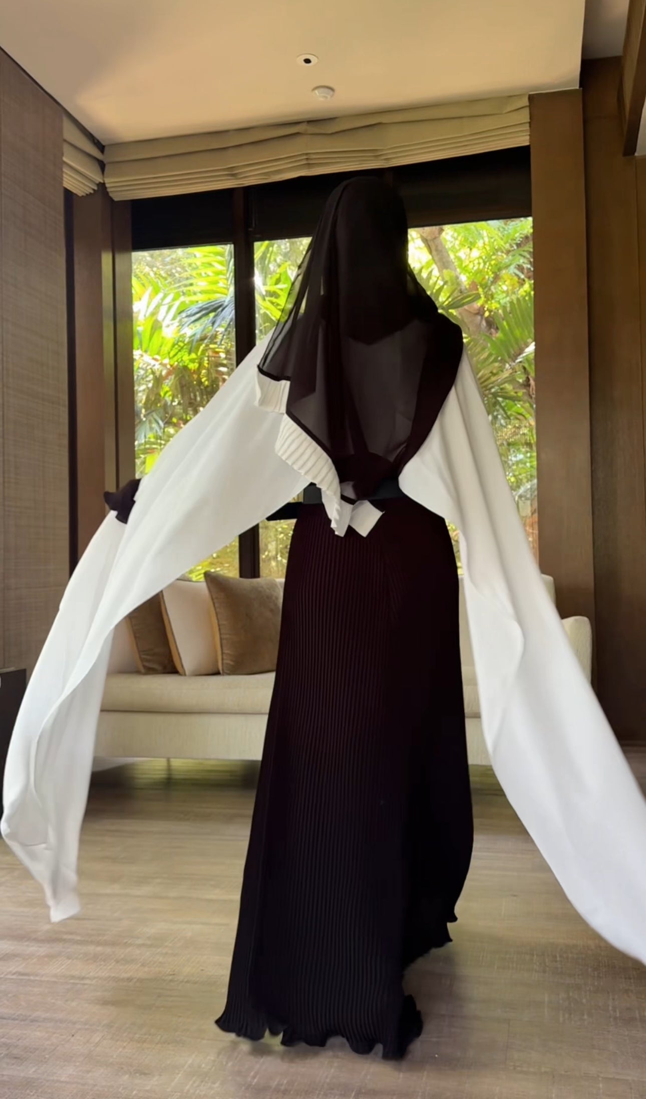 Black pleat Abayah with white shoulders