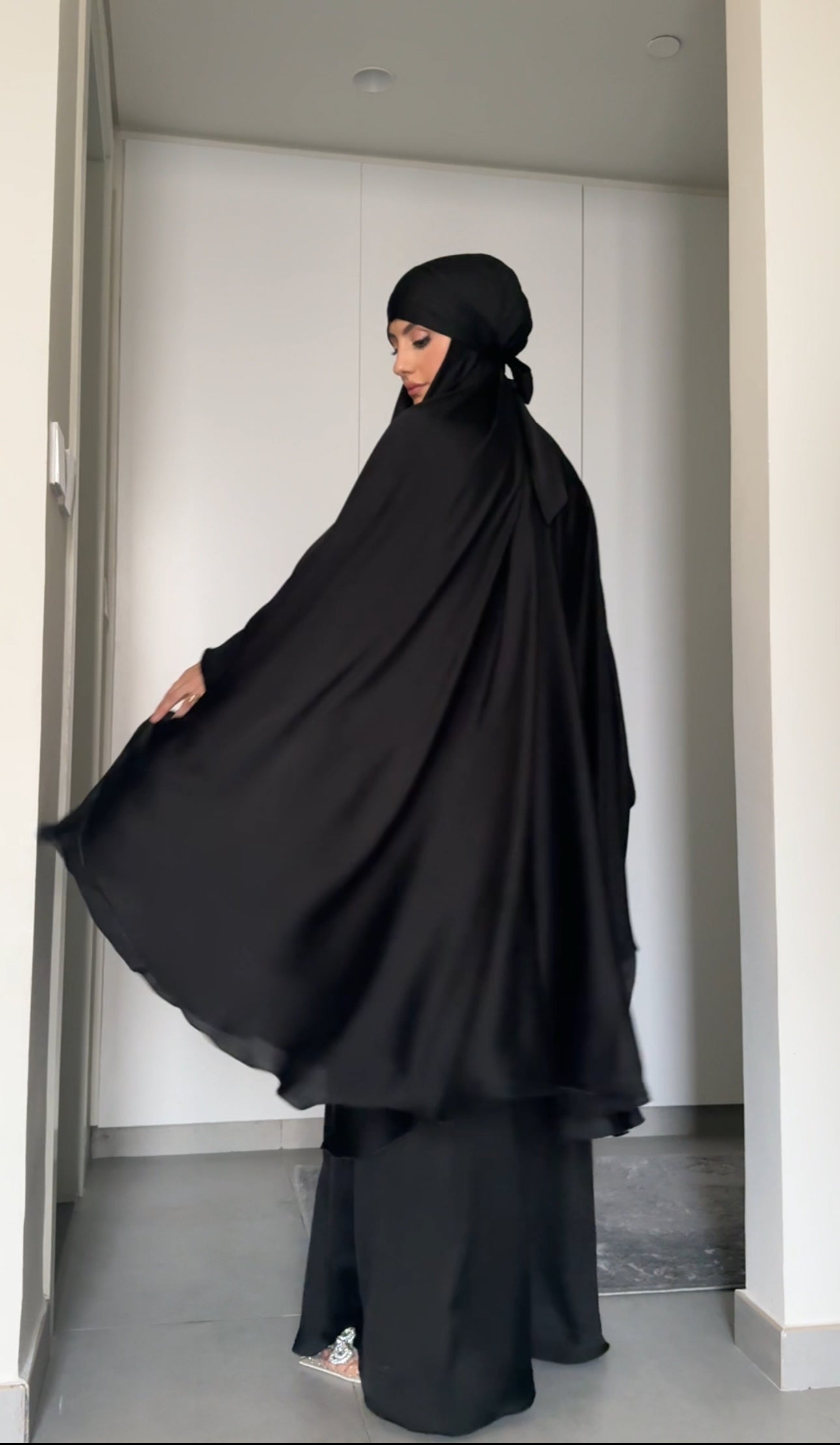 Two Piece Black Khimar, with long scarf and short sleeve inner
