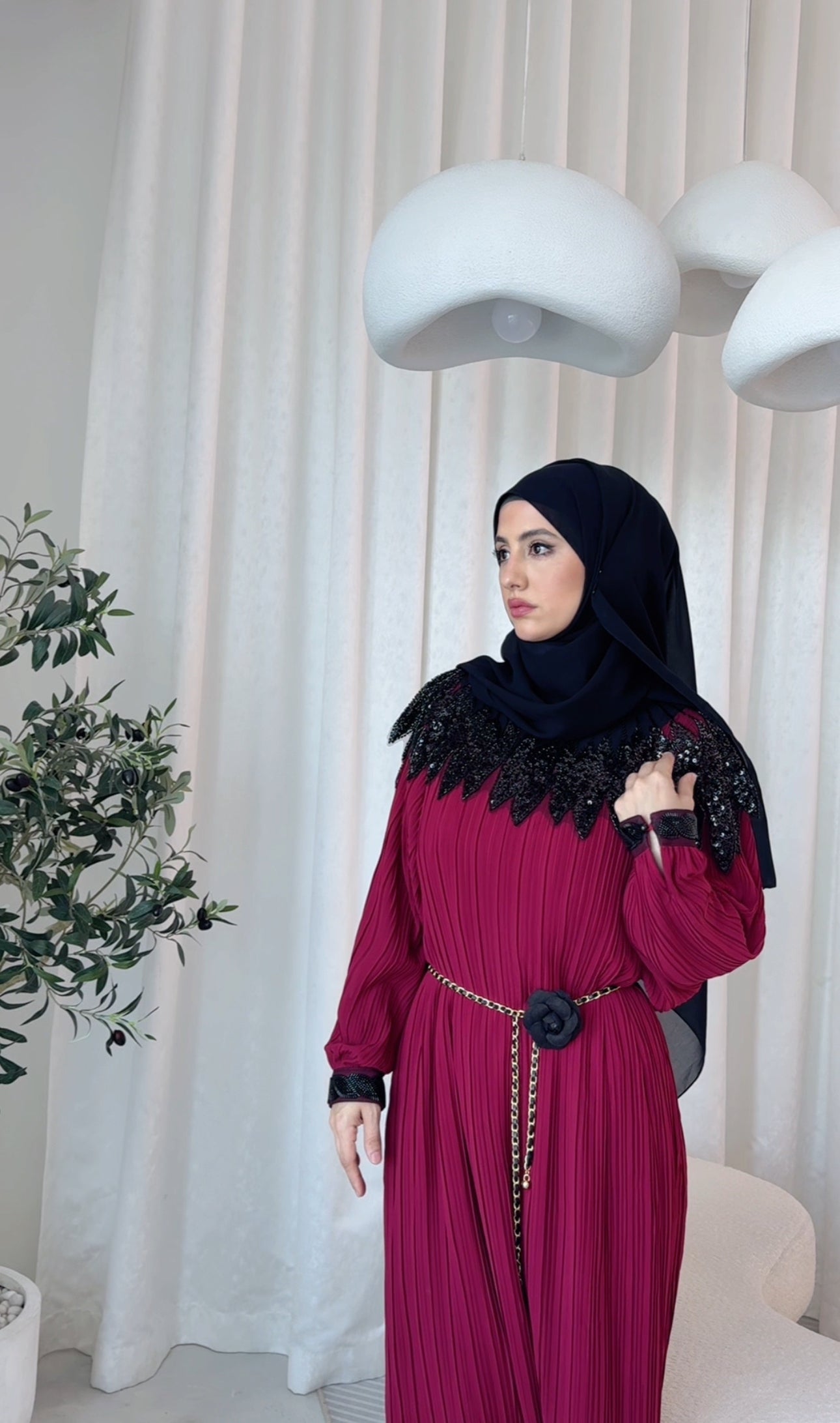 Maroon pleated dress with black beads