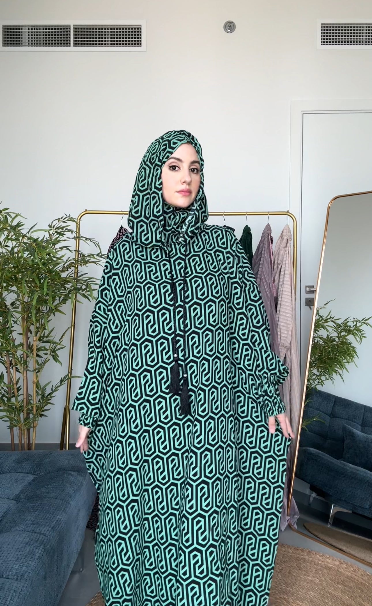Green with black geometric lines burqa