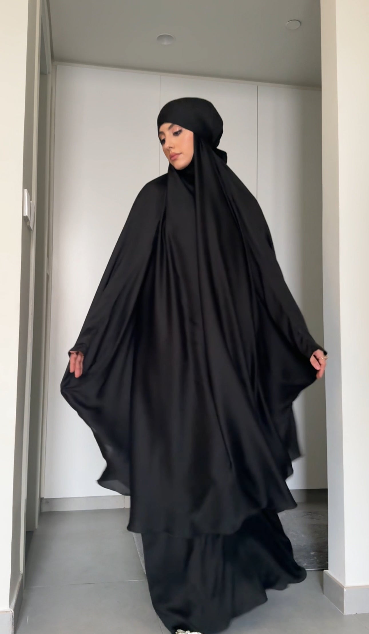 Two Piece Black Khimar, with long scarf and short sleeve inner