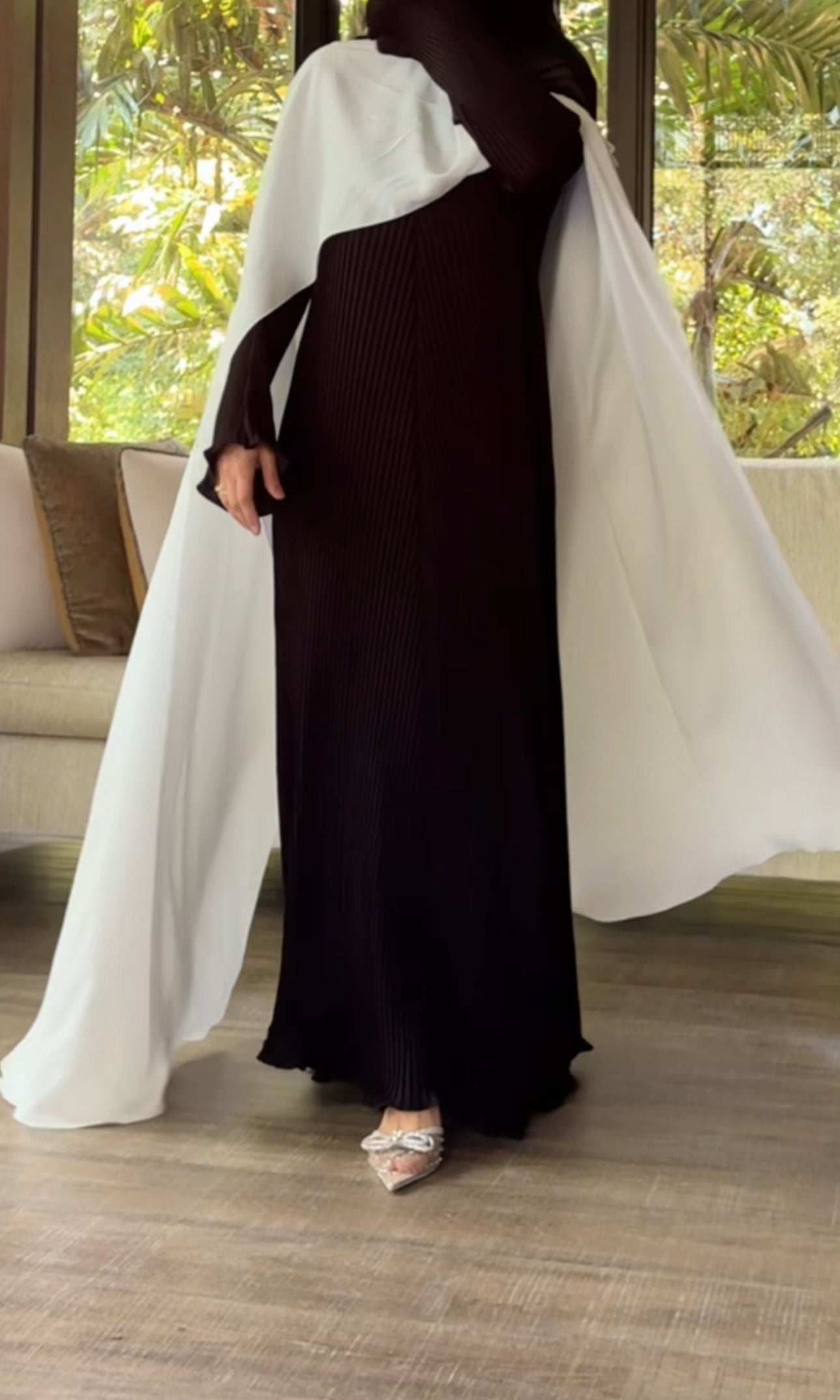 Black pleat Abayah with white shoulders