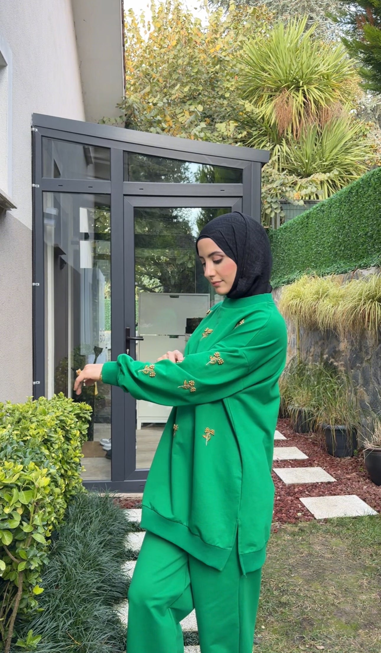 Dark Green tracksuit set with golden beadwork