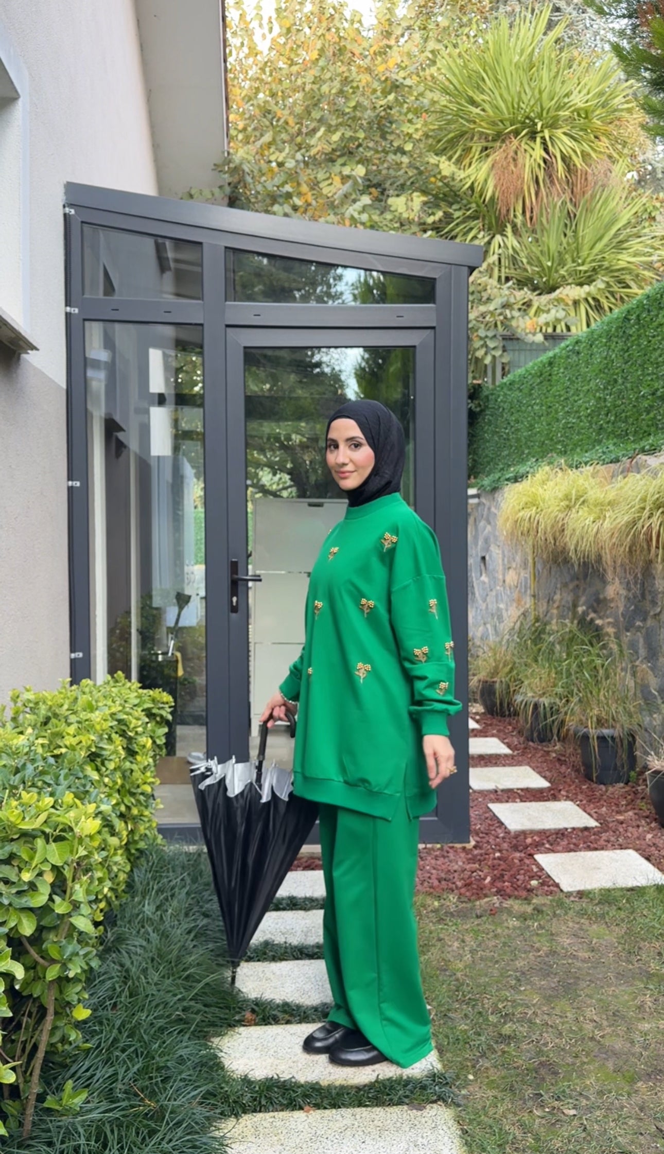 Dark Green tracksuit set with golden beadwork