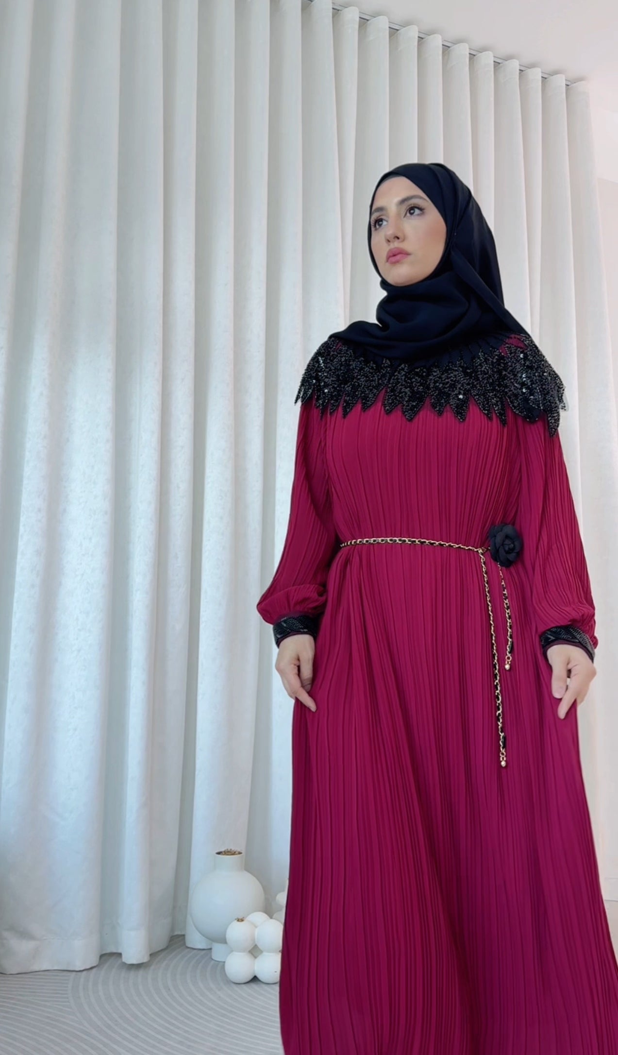 Maroon pleated dress with black beads