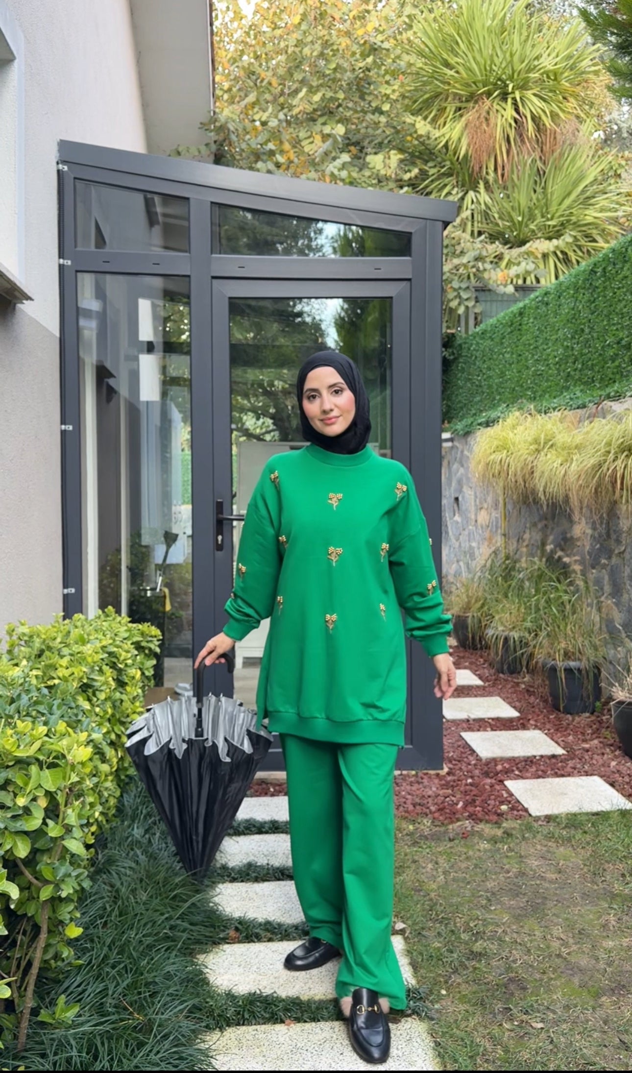 Dark Green tracksuit set with golden beadwork