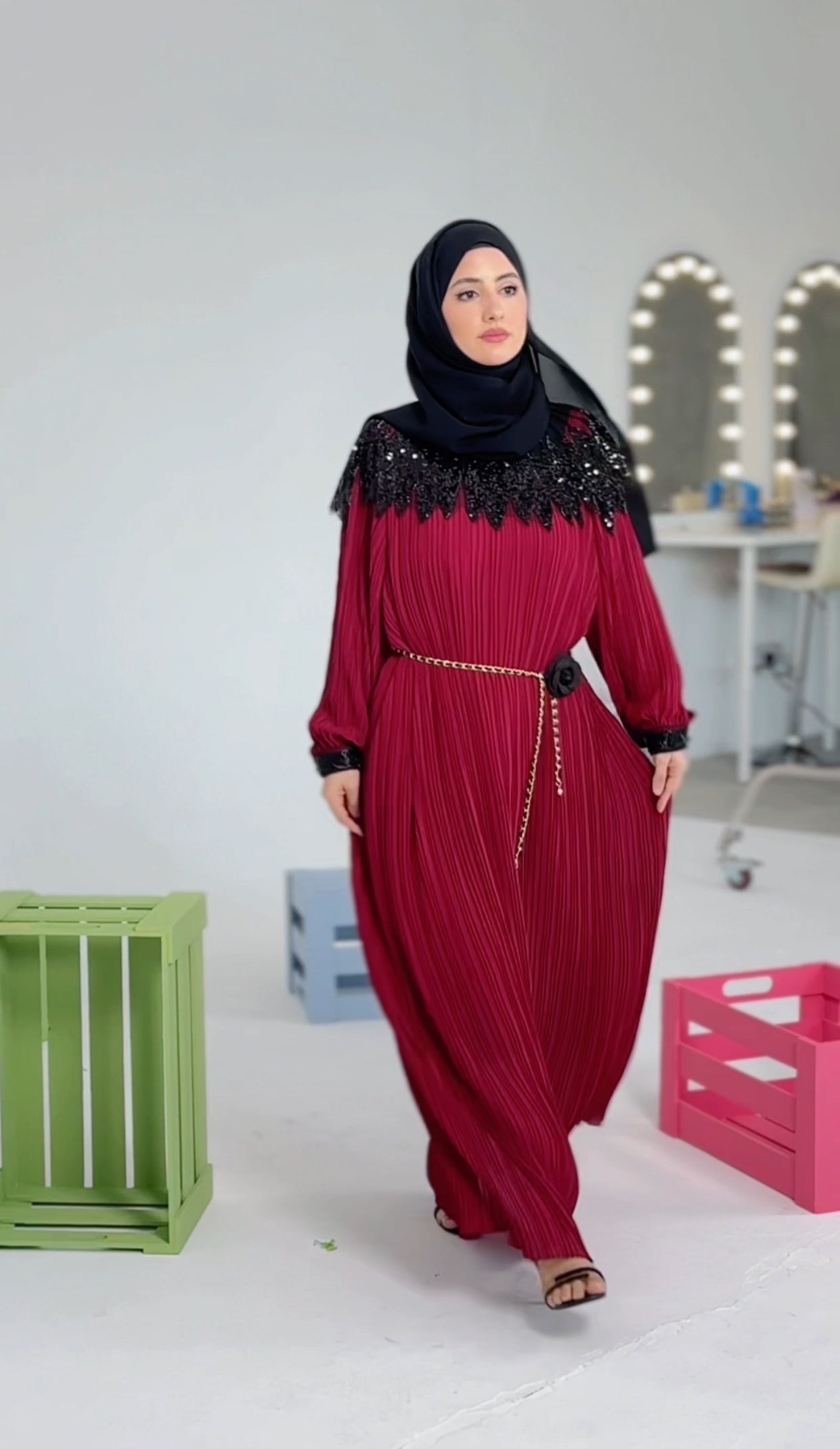 Maroon pleated dress with black beads