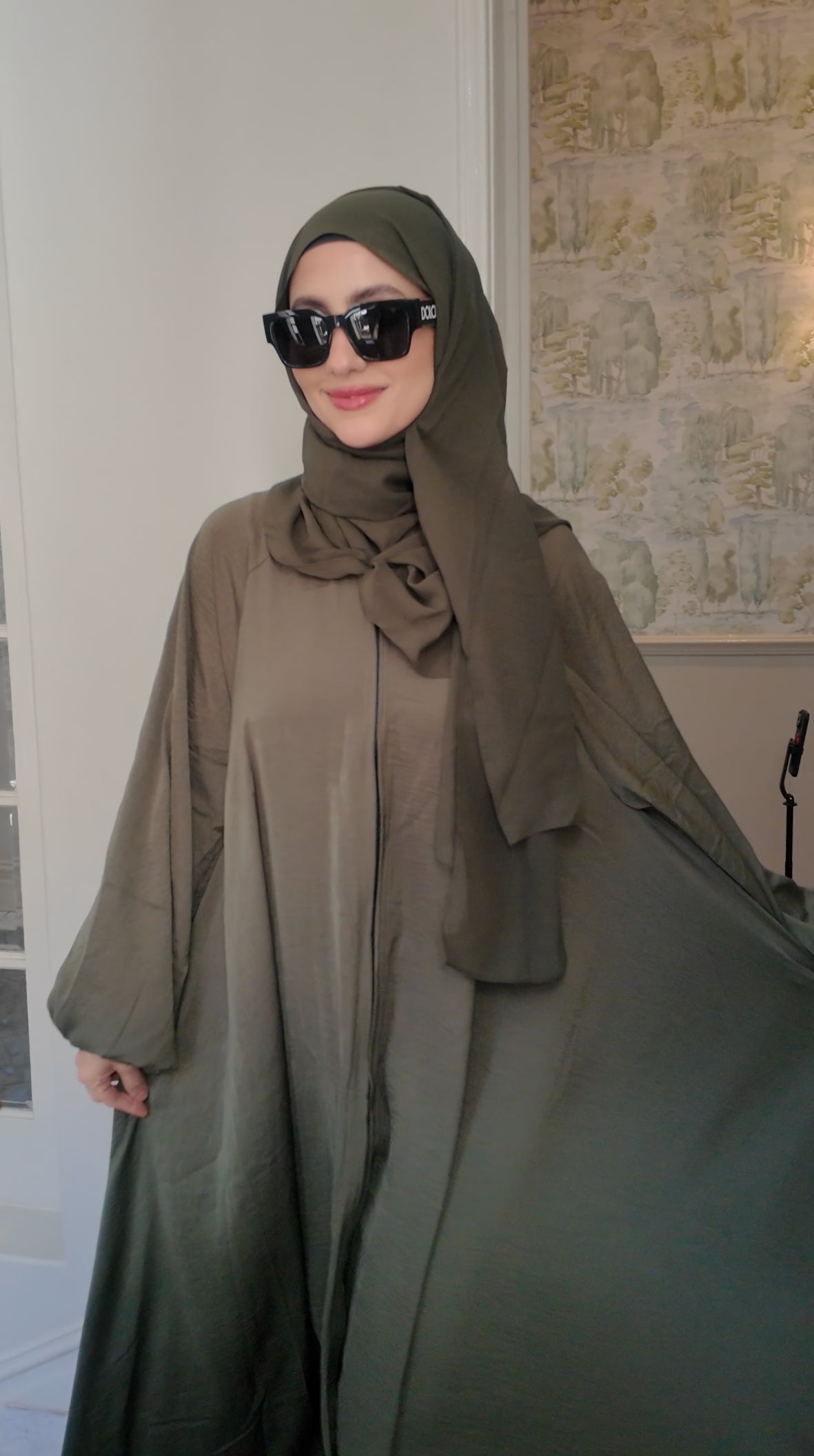 Army green flow abayah with attached hijab