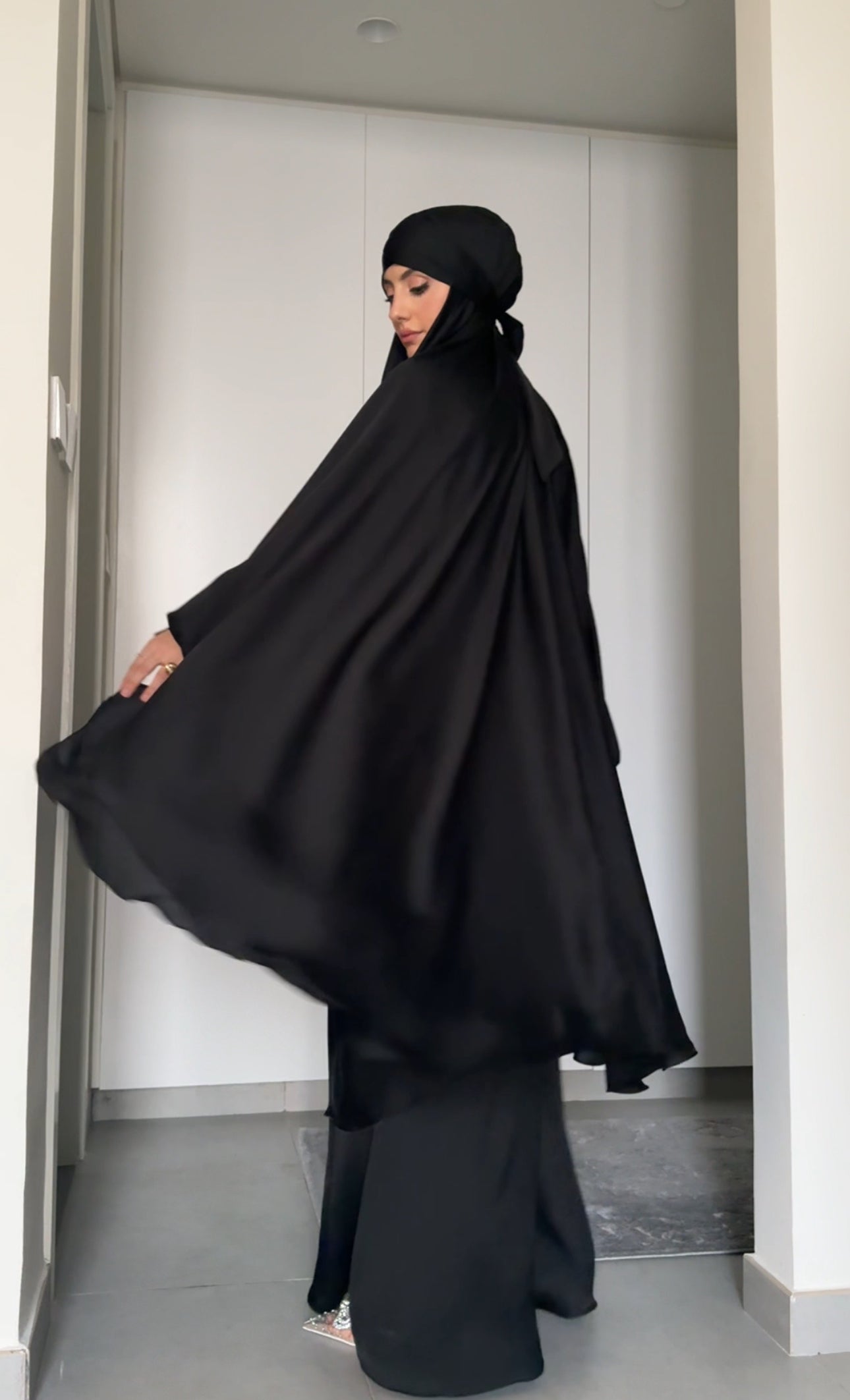 Two Piece Black Khimar, with long scarf and short sleeve inner