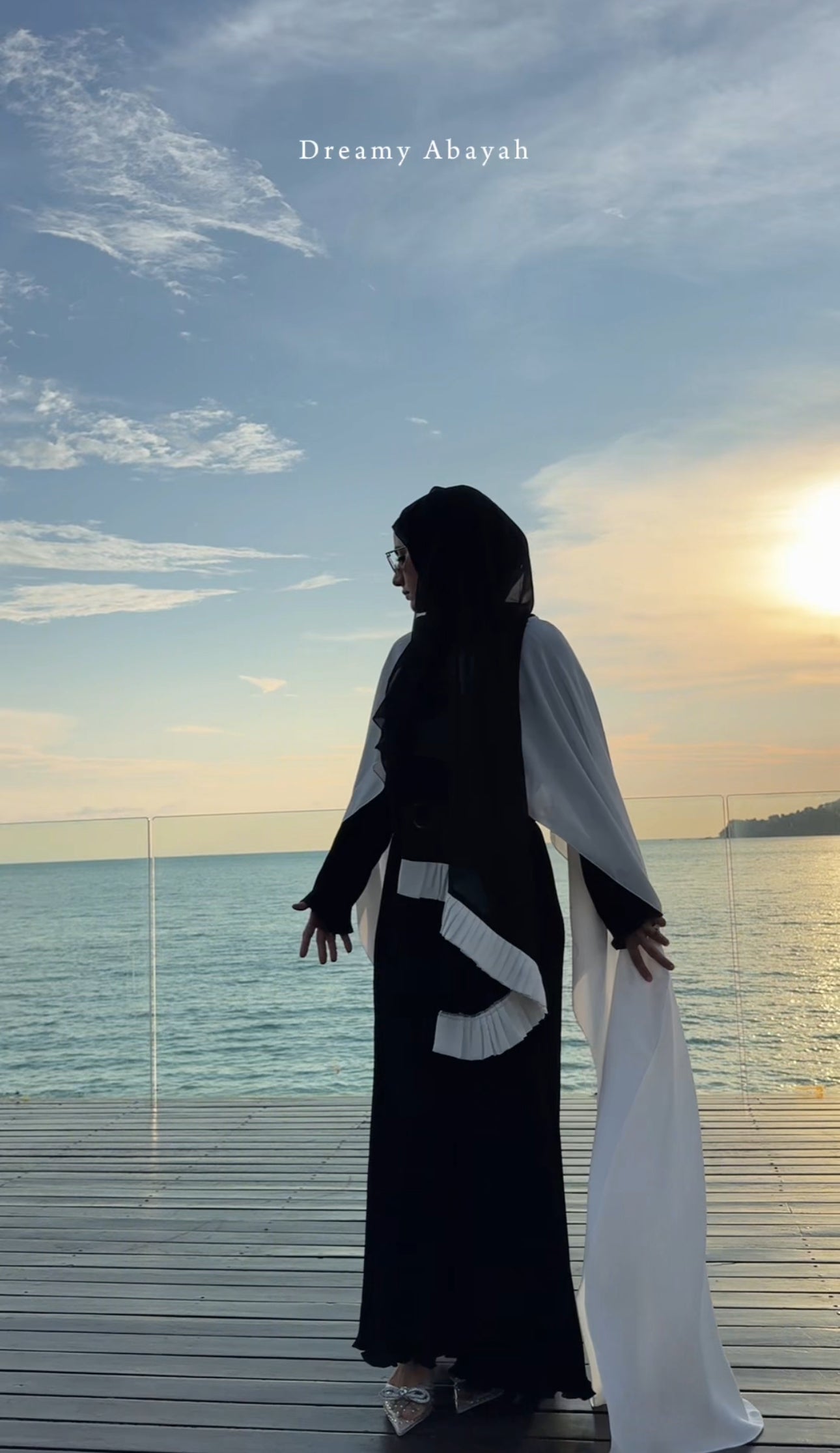 Black pleat Abayah with white shoulders