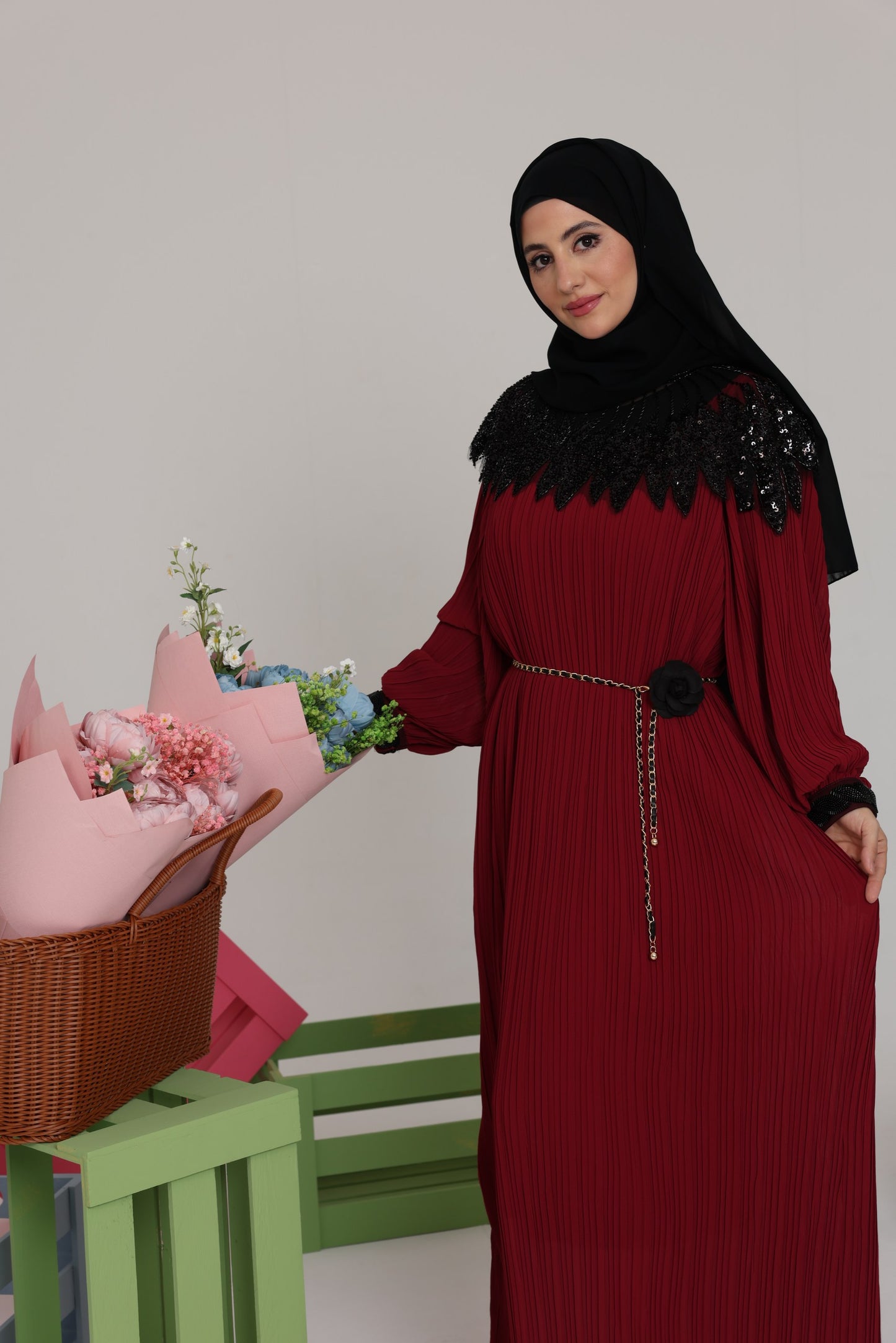 Maroon pleated dress with black beads