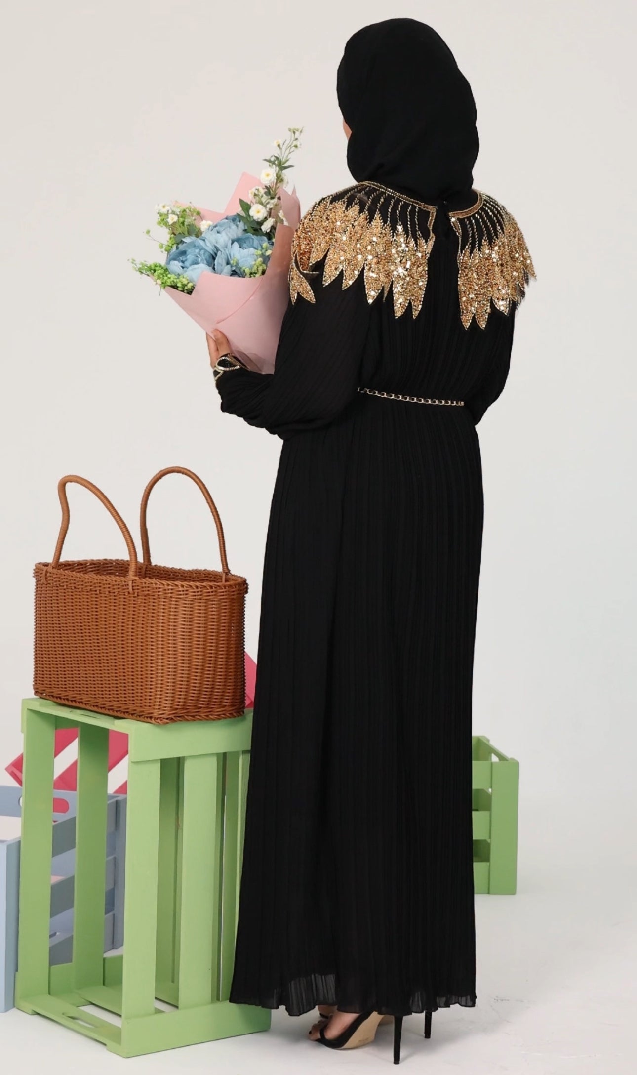 Black pleated dress with gold beads