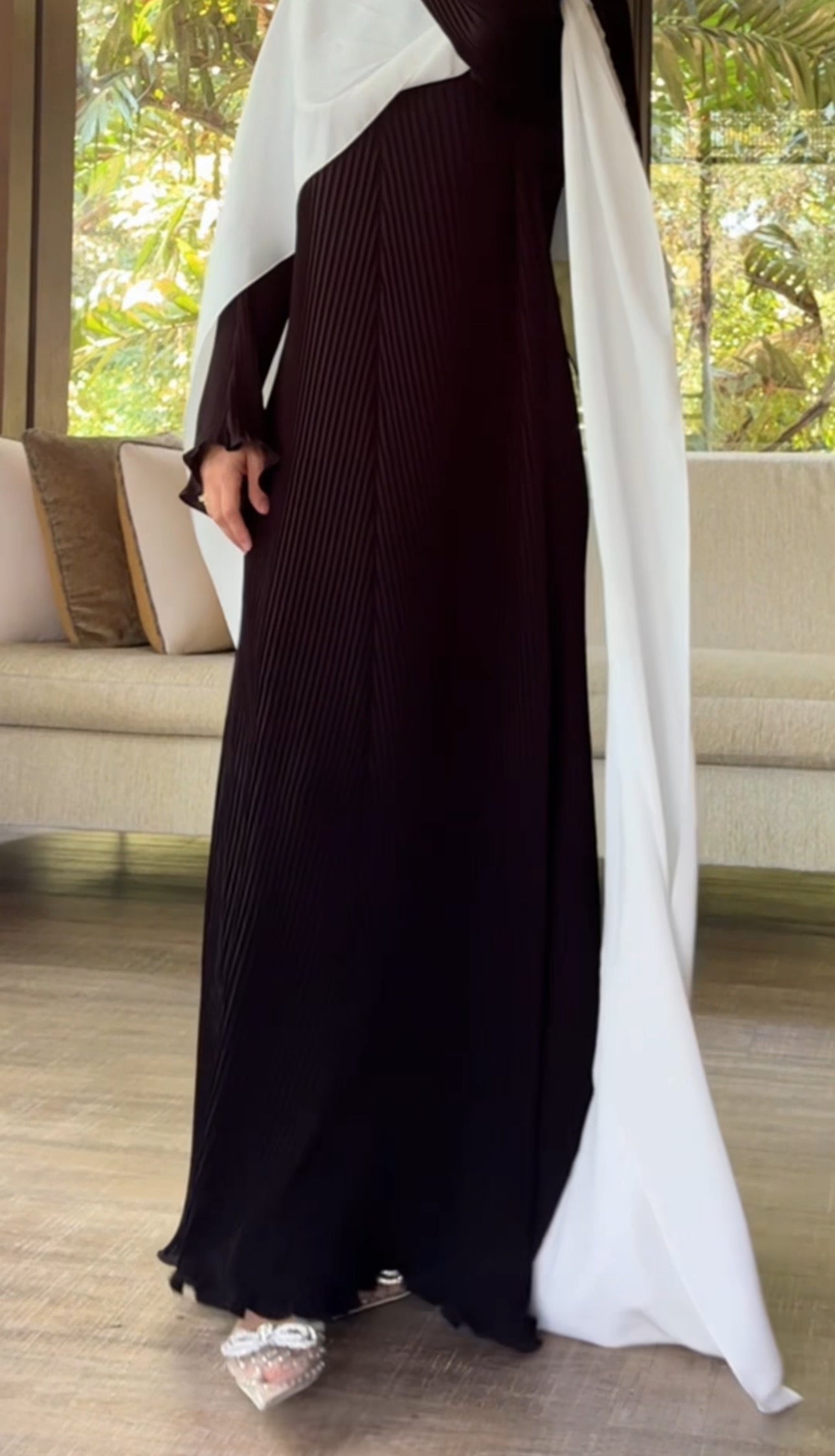 Black pleat Abayah with white shoulders