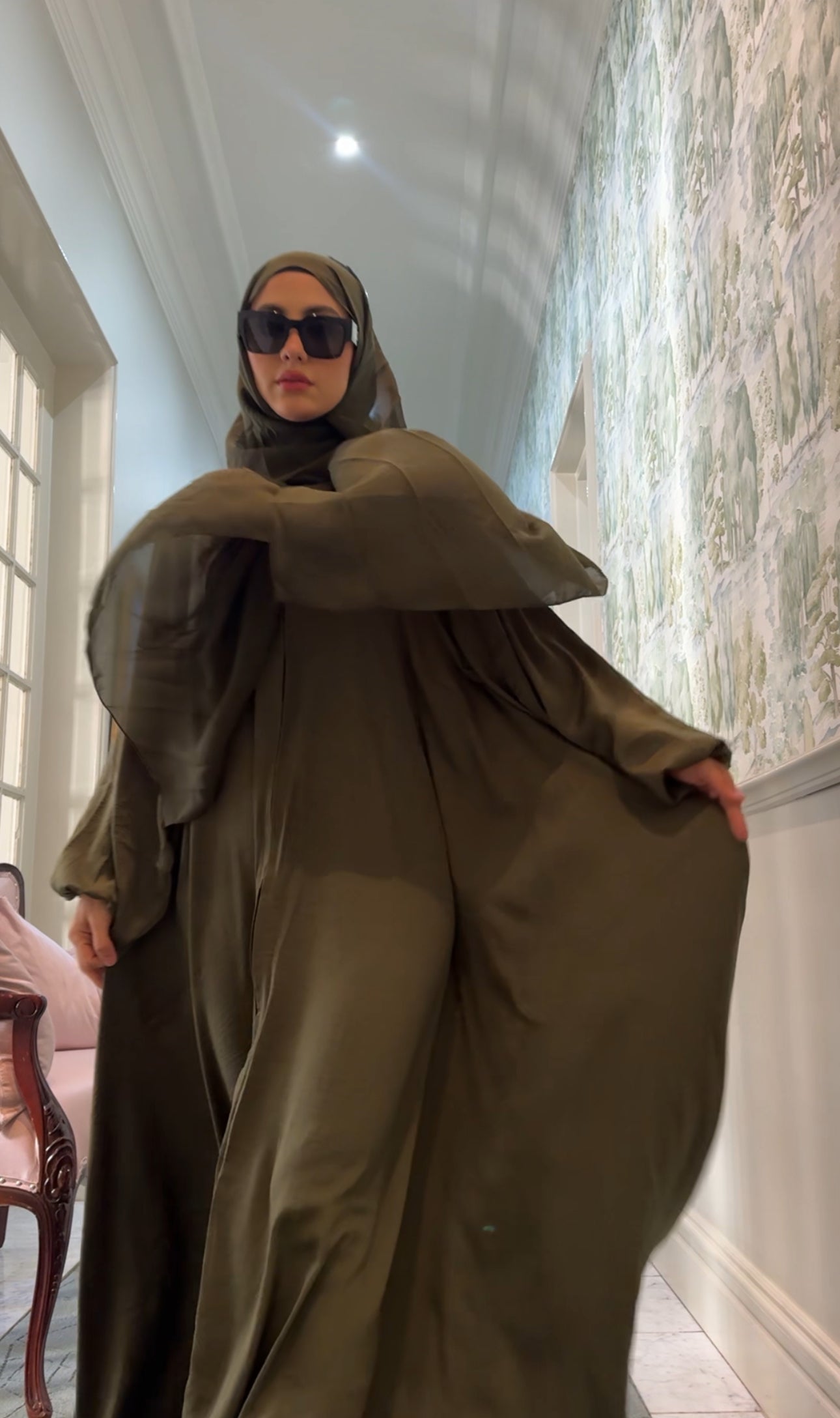 Army green flow abayah with attached hijab