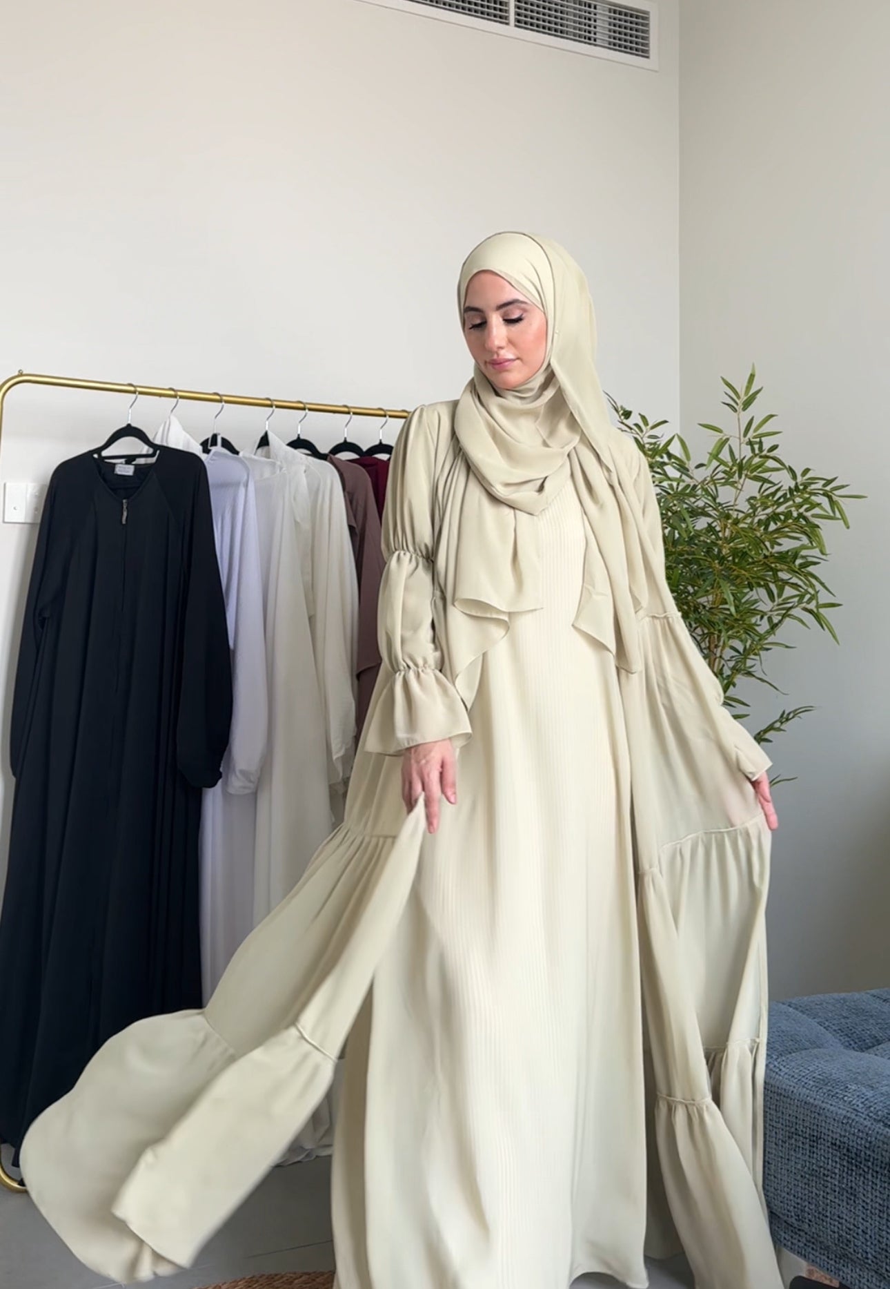 Two Piece Pista Green Pleated Chiffon Abayah