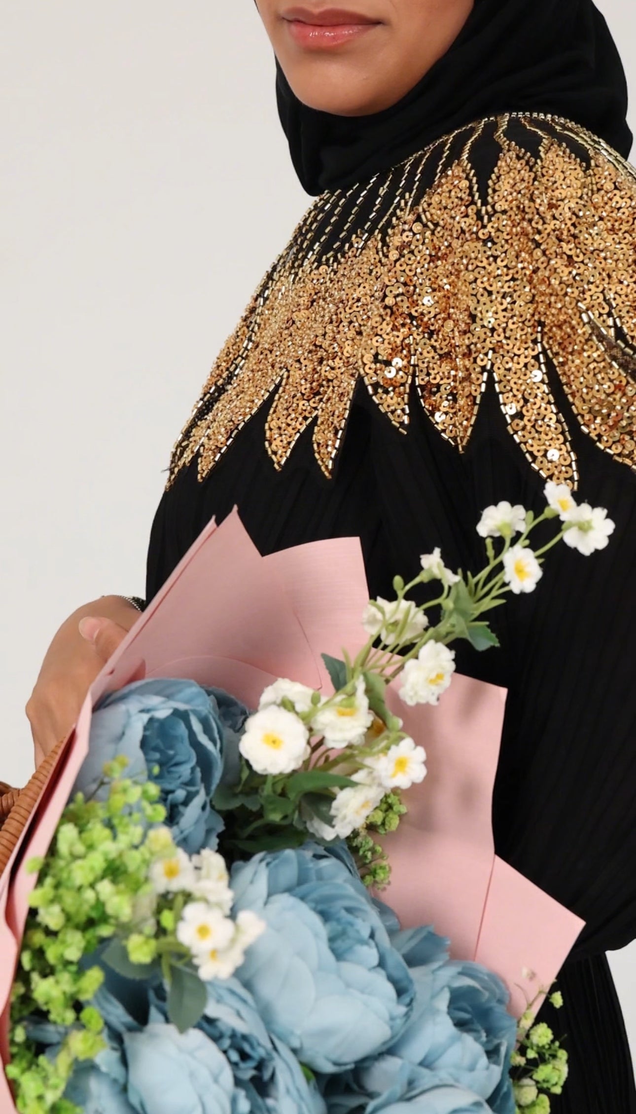 Black pleated dress with gold beads