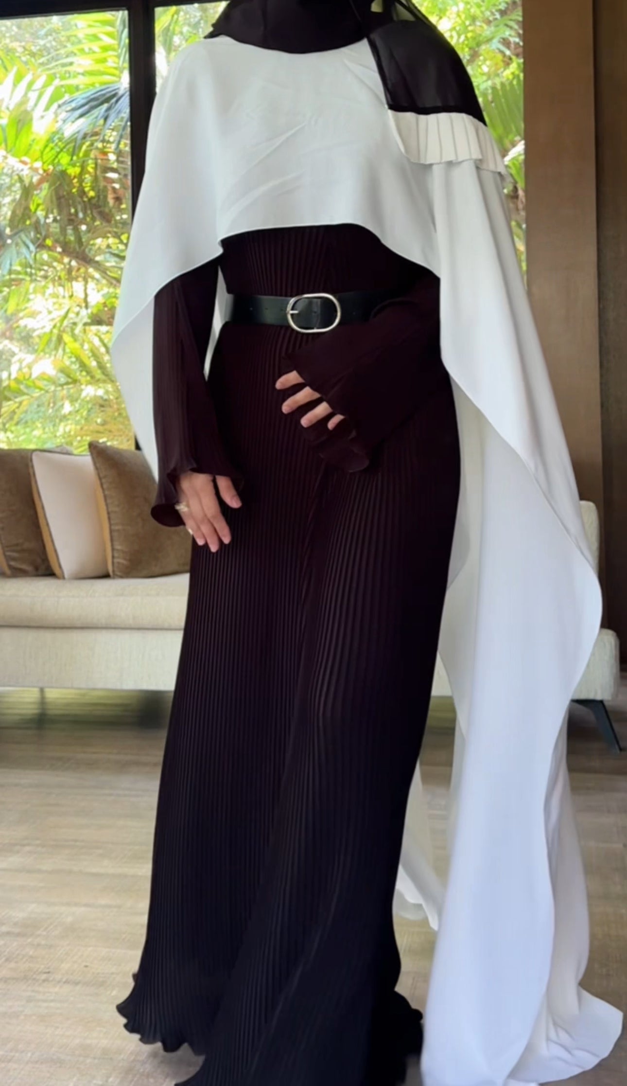 Black pleat Abayah with white shoulders