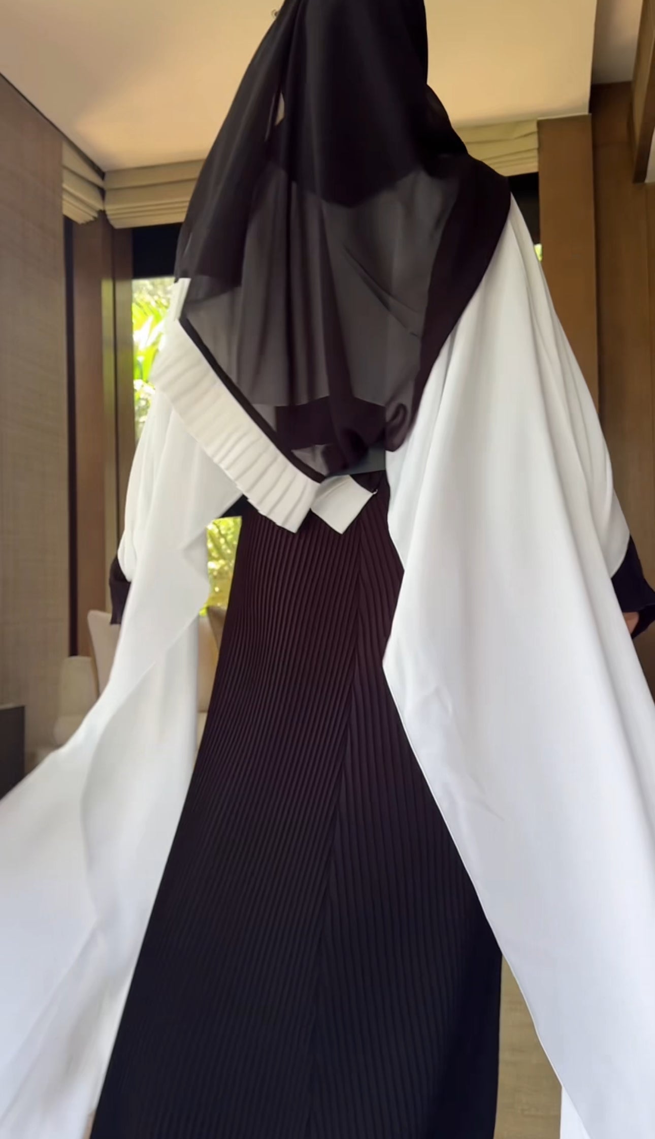 Black pleat Abayah with white shoulders