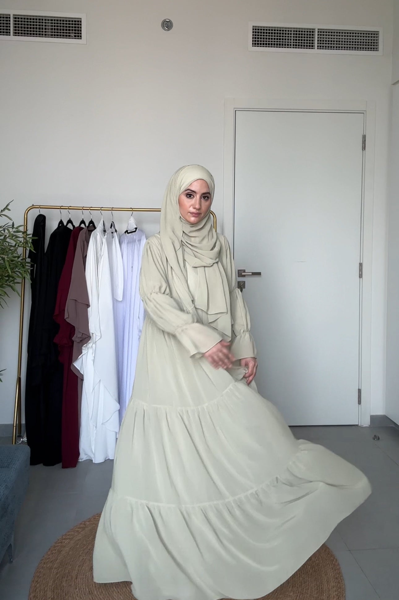 Two Piece Pista Green Pleated Chiffon Abayah