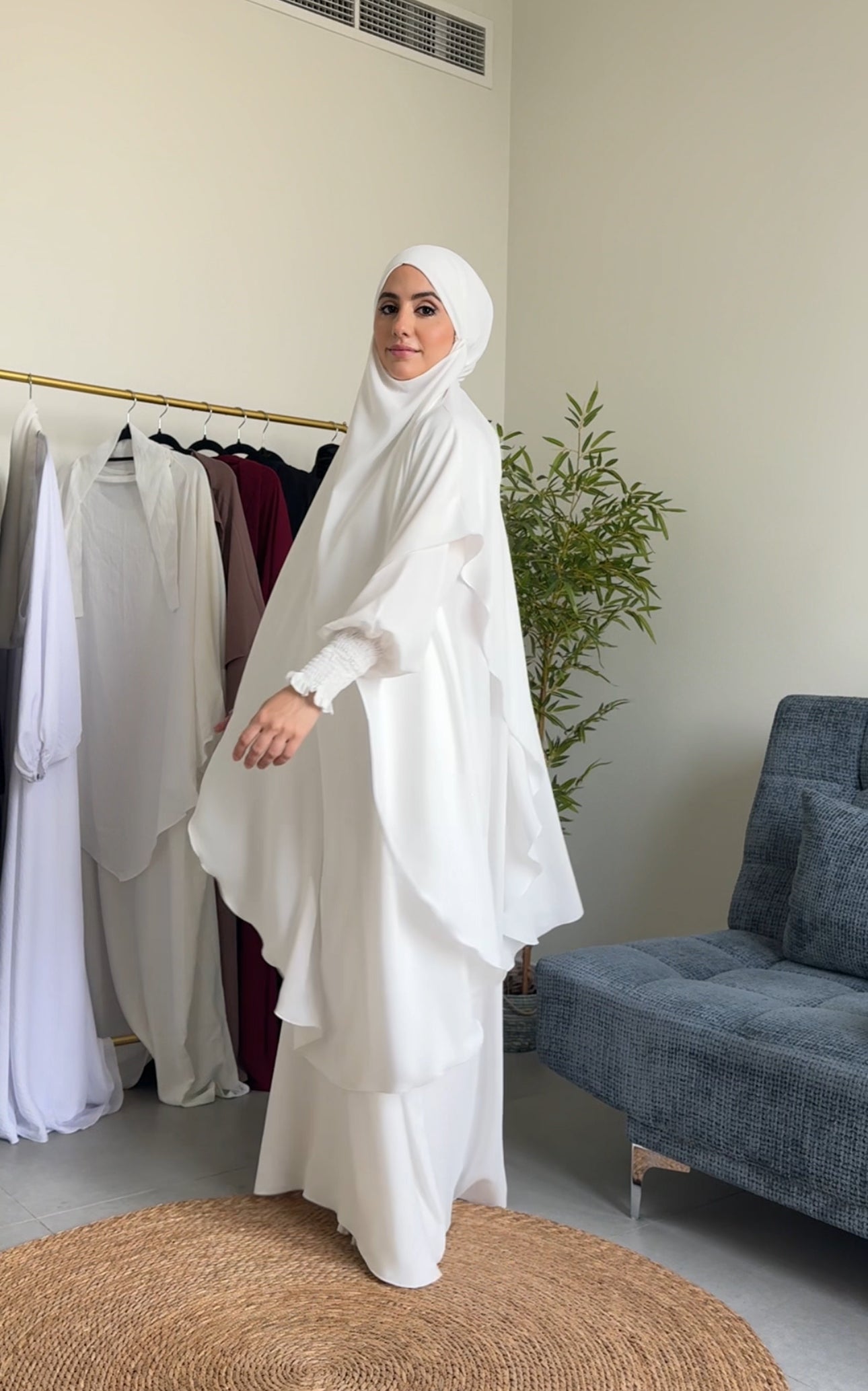 Two Piece White Khimar, with long scarf and long sleeve inner