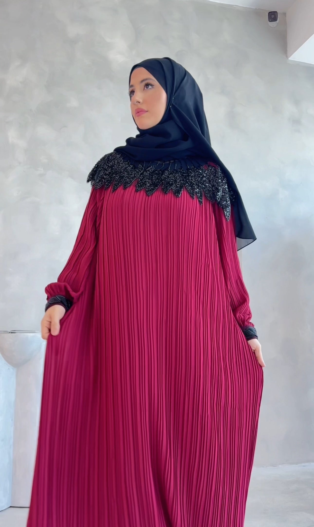 Maroon pleated dress with black beads